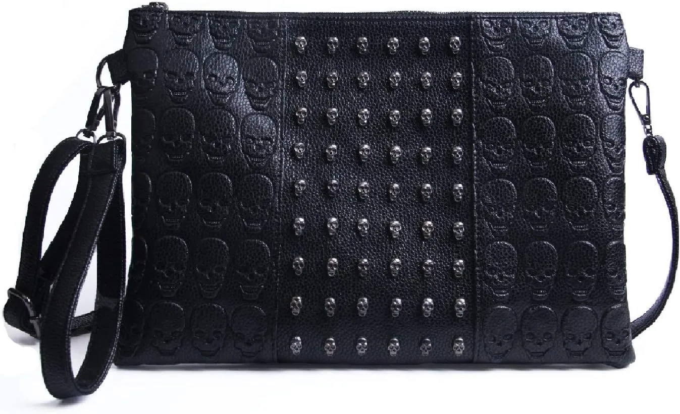 SUKUTU Womens Punk Skull Rivet Shoulder Bag PU Leather Goth Crossbody Bag with Chain Wallet Purse for Girls