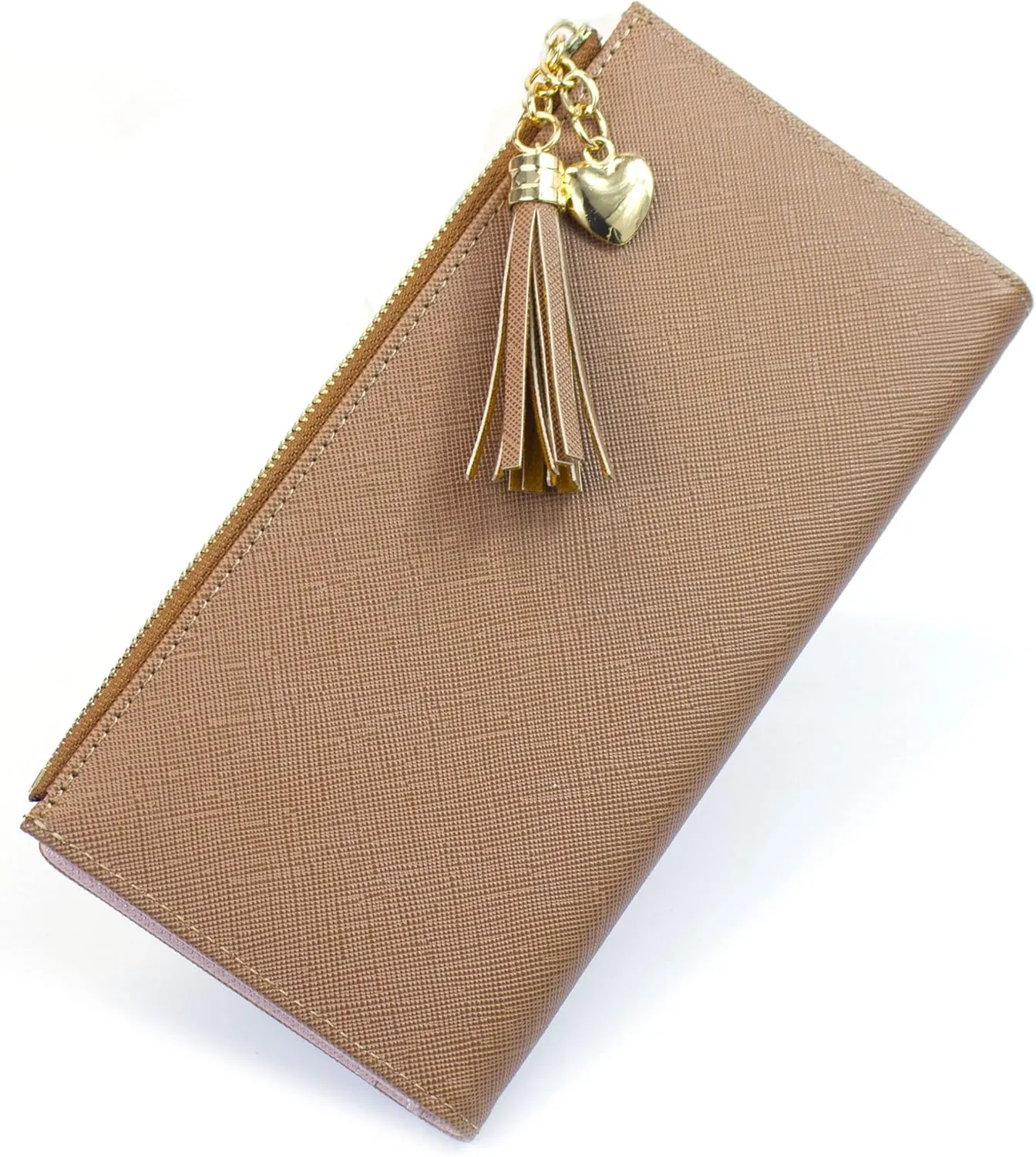 SUMGOGO Slim Wallet for Women Long Tassel Zipper Clutch Purse Handbag Card Case Wallet (Brown)