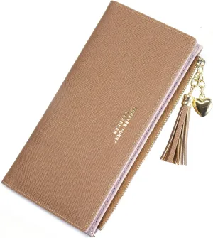 SUMGOGO Slim Wallet for Women Long Tassel Zipper Clutch Purse Handbag Card Case Wallet (Brown)