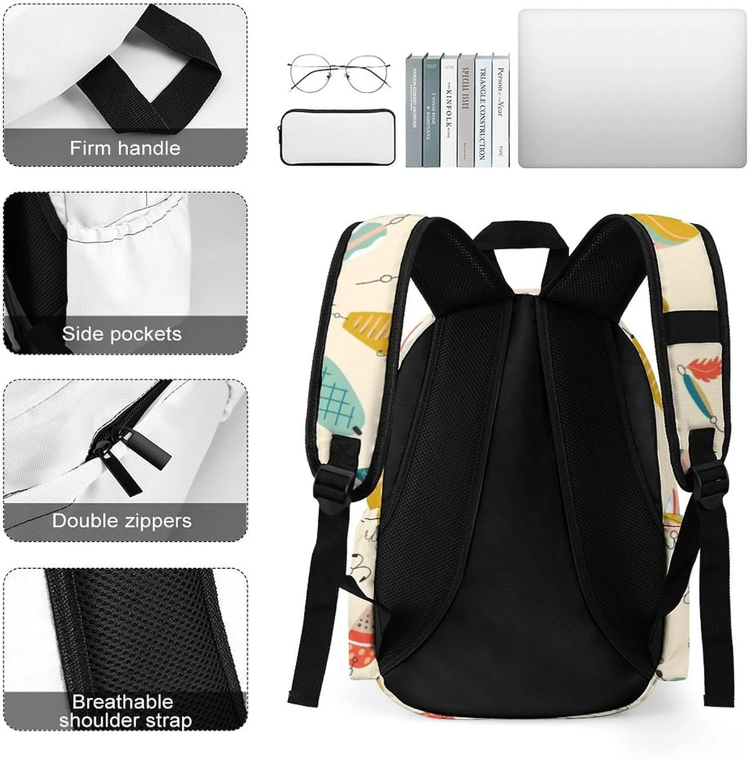 Summer Fishing Hook Casual Travel Backpack Lightweight with Multi Compartment Laptop Bagpack Cute for Women Men Hiking Business Work