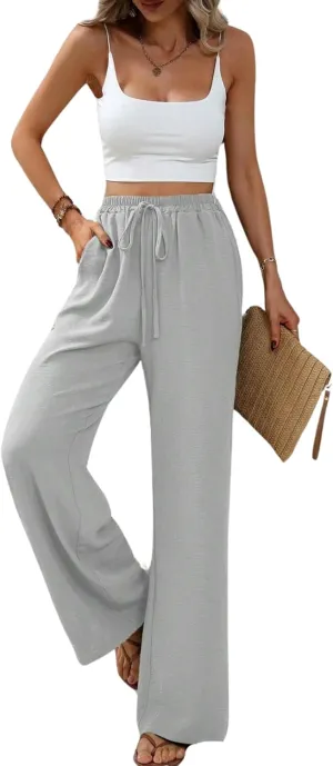 Summer Women's Casual Palazzo Pants Elastic High Waisted Trendy Flowy Wide Leg Beach Trousers with Pockets