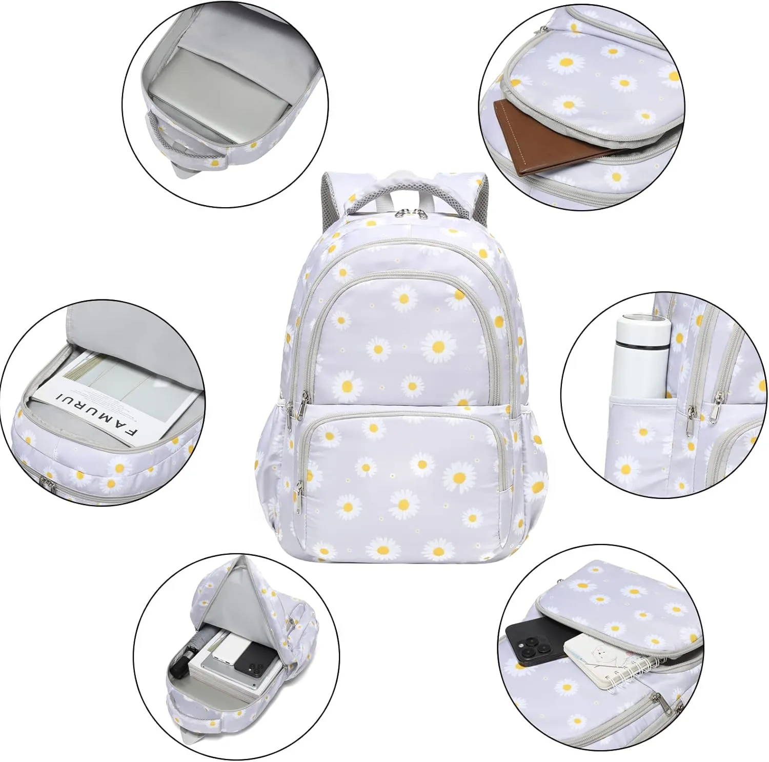 Sunborls Backpack for Girls Teens Girls Bookbag Lightweight High-Capacity Waterproof School Gifts for Lovely Small Daisy Flower 3pcs (GREY)