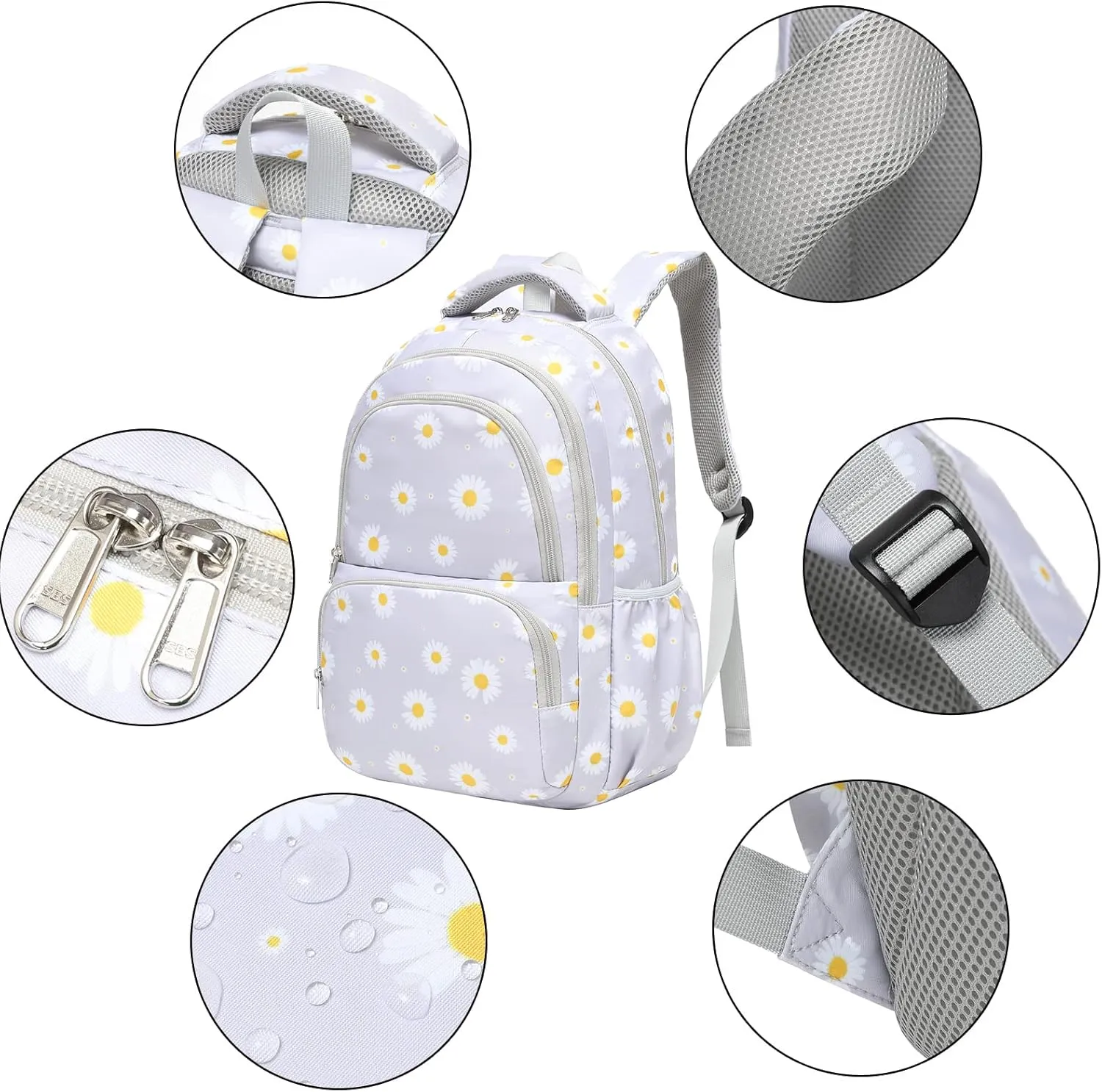Sunborls Backpack for Girls Teens Girls Bookbag Lightweight High-Capacity Waterproof School Gifts for Lovely Small Daisy Flower 3pcs (GREY)