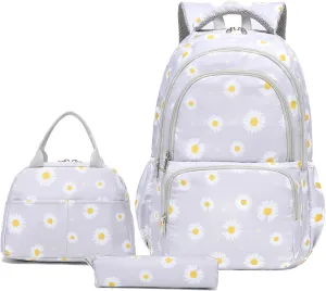 Sunborls Backpack for Girls Teens Girls Bookbag Lightweight High-Capacity Waterproof School Gifts for Lovely Small Daisy Flower 3pcs (GREY)