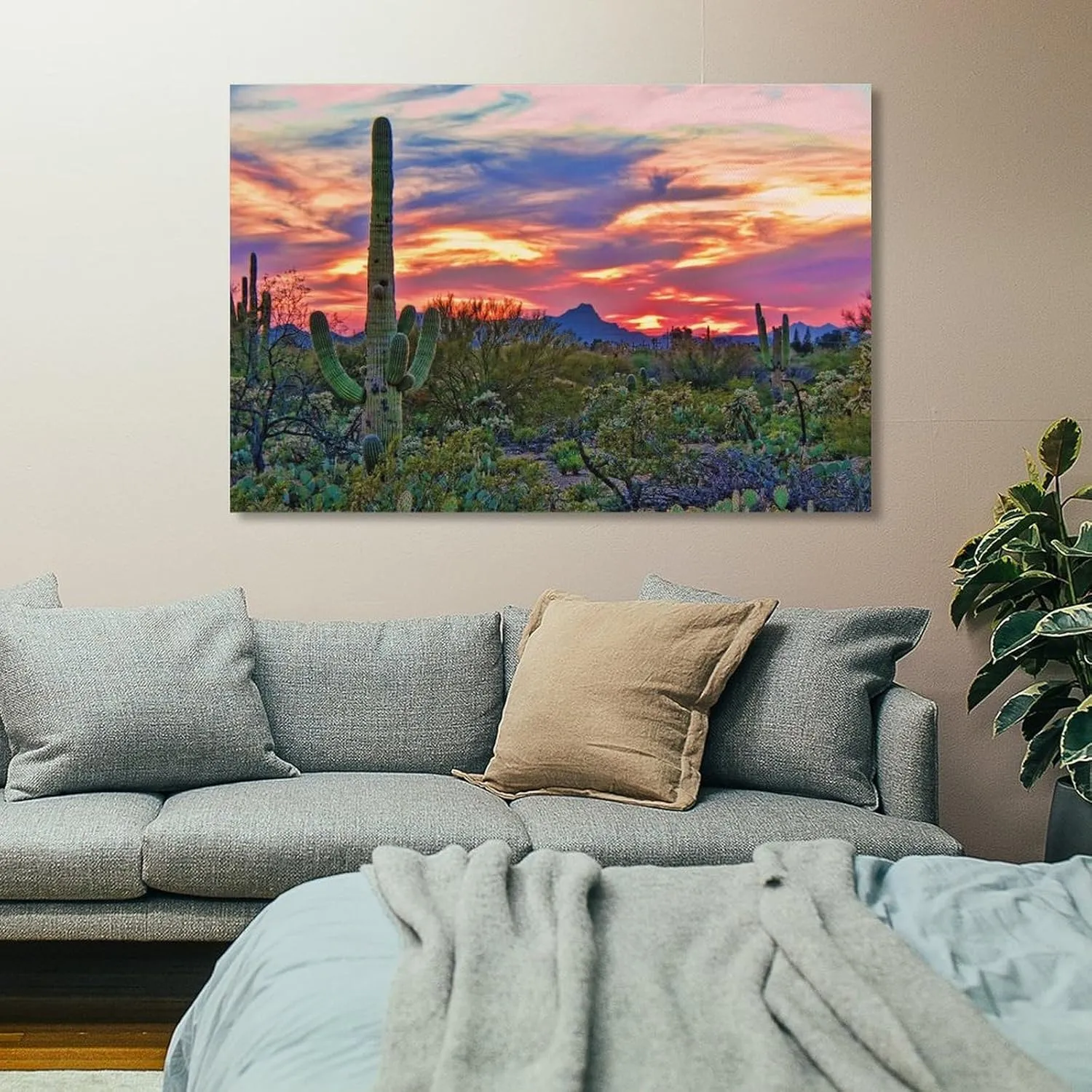Sunrise in Desert Print Sonoran Desert on Canvas Blooming Saguaros Wall Art Arizona Desert Poster Panorama Arizona on Canvas Saguaros Poster Canvas Art And Wall Art Picture Print Modern Family Bedroom