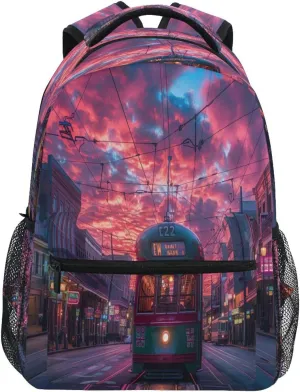 Sunset Streetcar Pattern Travel Waterproof Laptop Backpack College Casual Daypack Lightweight Sturdy Work Bag for Men & Women