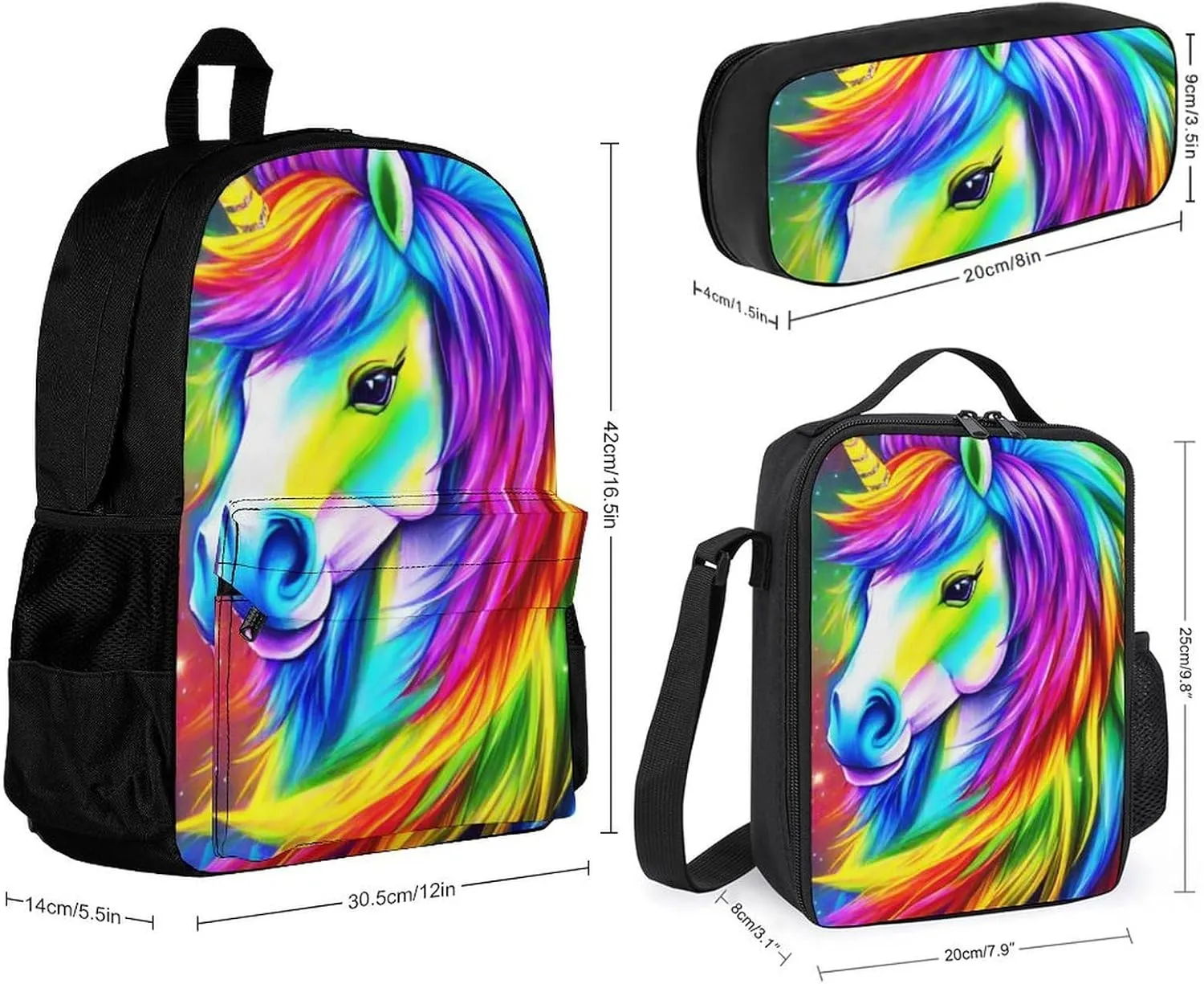 Supdreamc Adults Backpack - Colorful Rainbow Horse Art Shoulder Bag Daypack Backpack Travel Hiking Bag & Day Pack, 3 Piece Daypack Climbing Shoulder Bag