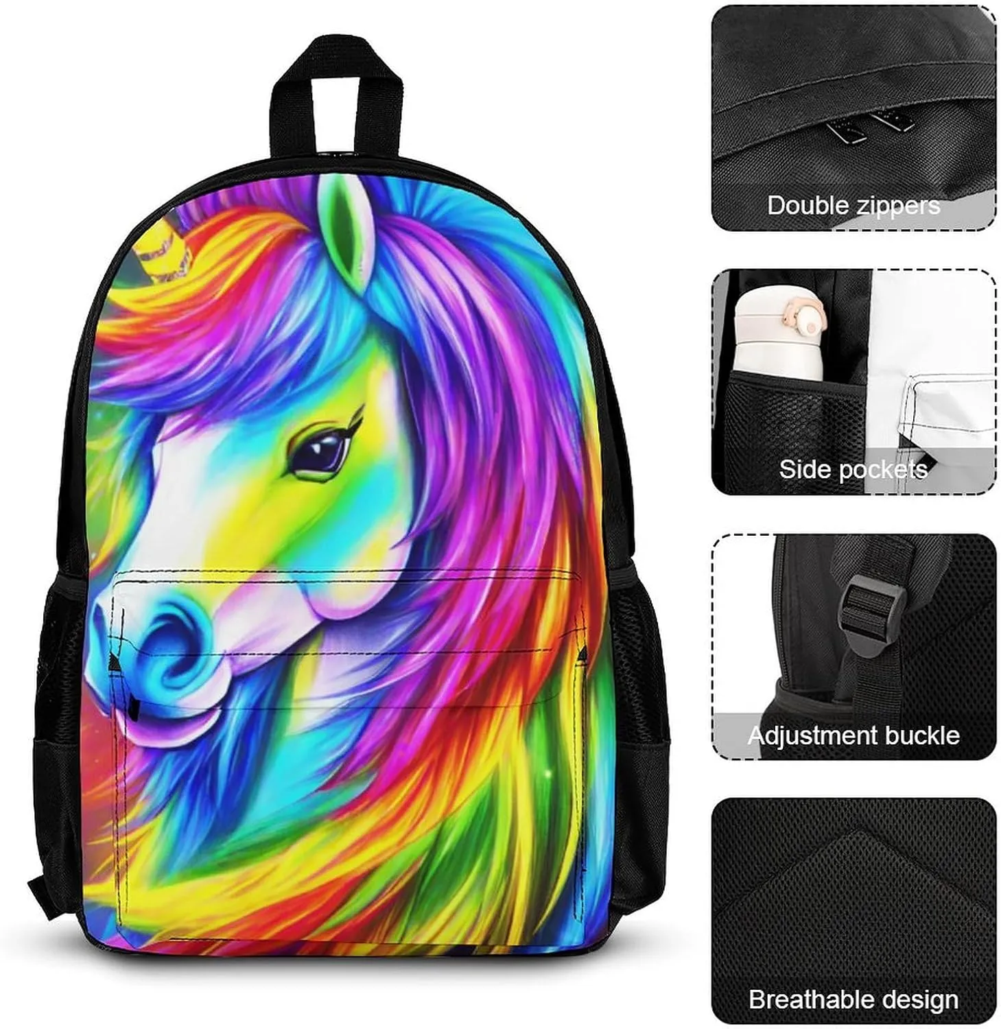 Supdreamc Adults Backpack - Colorful Rainbow Horse Art Shoulder Bag Daypack Backpack Travel Hiking Bag & Day Pack, 3 Piece Daypack Climbing Shoulder Bag