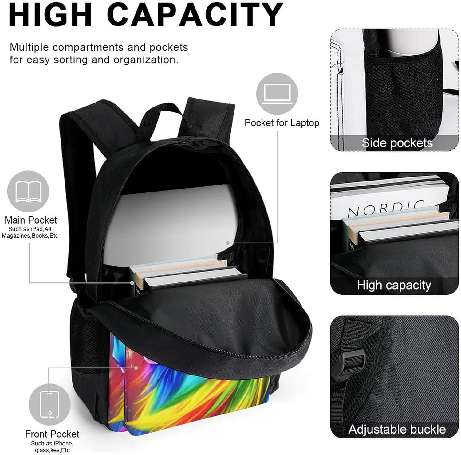 Supdreamc Adults Backpack - Colorful Rainbow Horse Art Shoulder Bag Daypack Backpack Travel Hiking Bag & Day Pack, 3 Piece Daypack Climbing Shoulder Bag