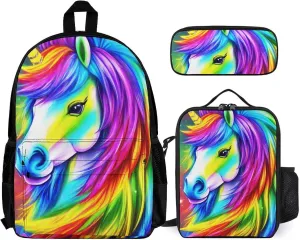 Supdreamc Adults Backpack - Colorful Rainbow Horse Art Shoulder Bag Daypack Backpack Travel Hiking Bag & Day Pack, 3 Piece Daypack Climbing Shoulder Bag