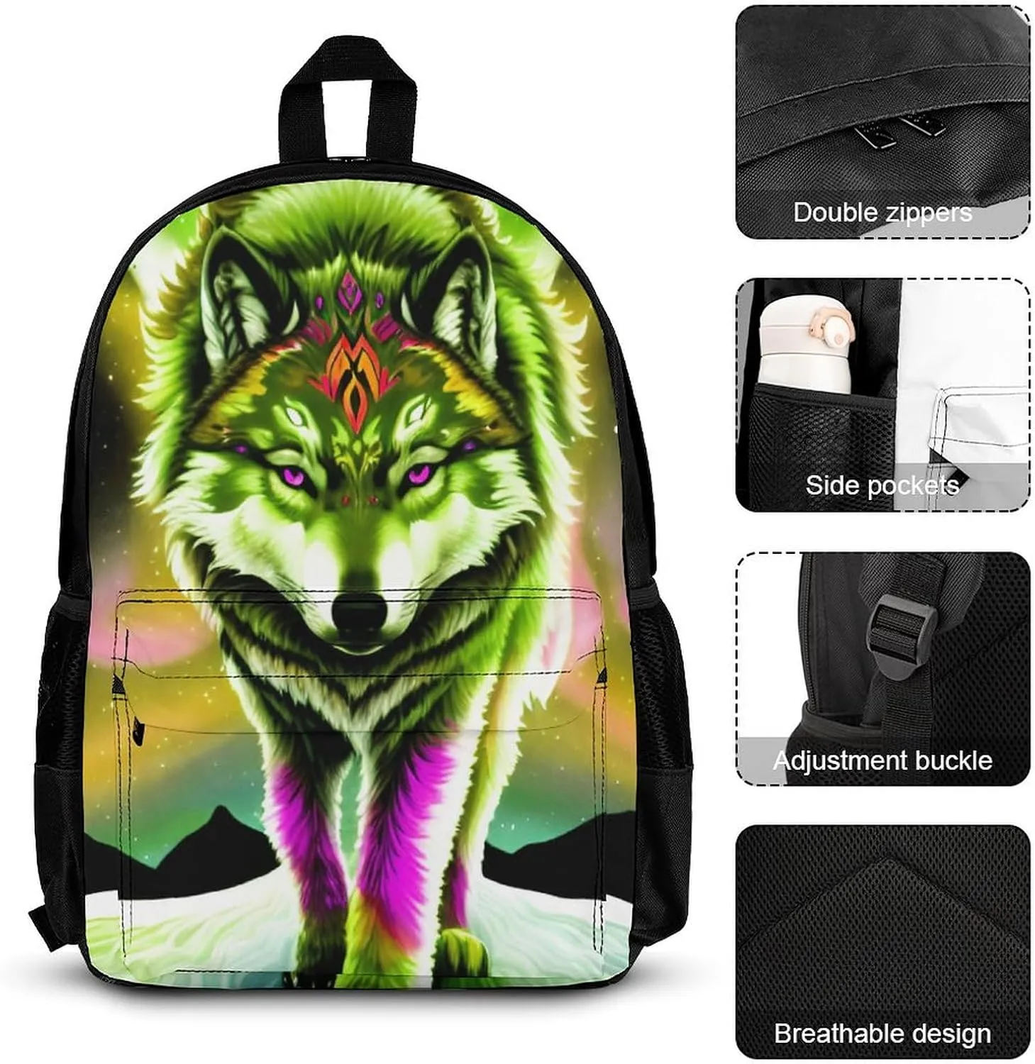 Supdreamc Adults Rucksack - Mountain And Northern Light Wolves Psychedelic Art Carry On Bag 3 Piece College Daypack Camping Outdoor Backpack, 3 Piece Daypack Climbing Shoulder Bag