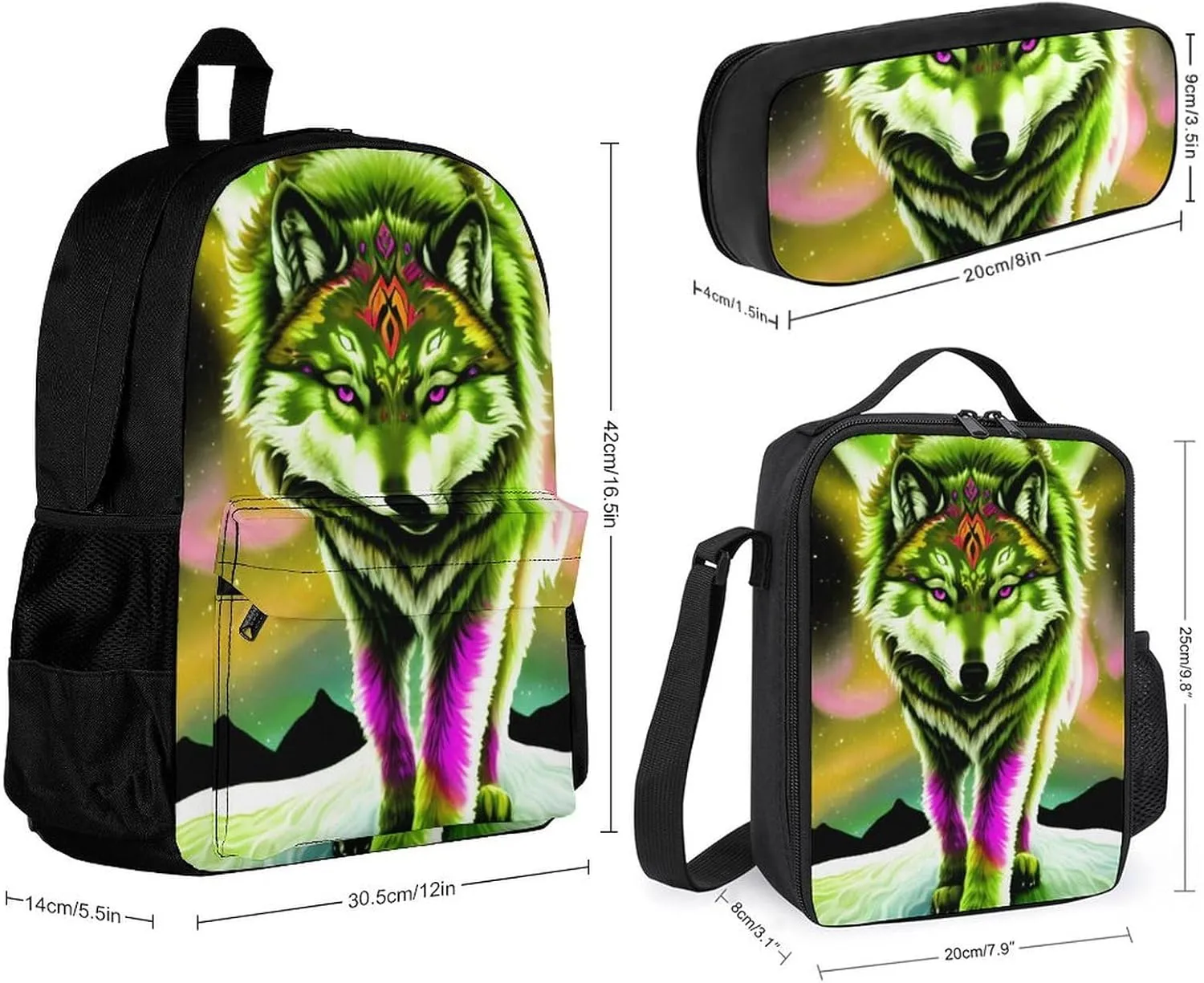 Supdreamc Adults Rucksack - Mountain And Northern Light Wolves Psychedelic Art Carry On Bag 3 Piece College Daypack Camping Outdoor Backpack, 3 Piece Daypack Climbing Shoulder Bag