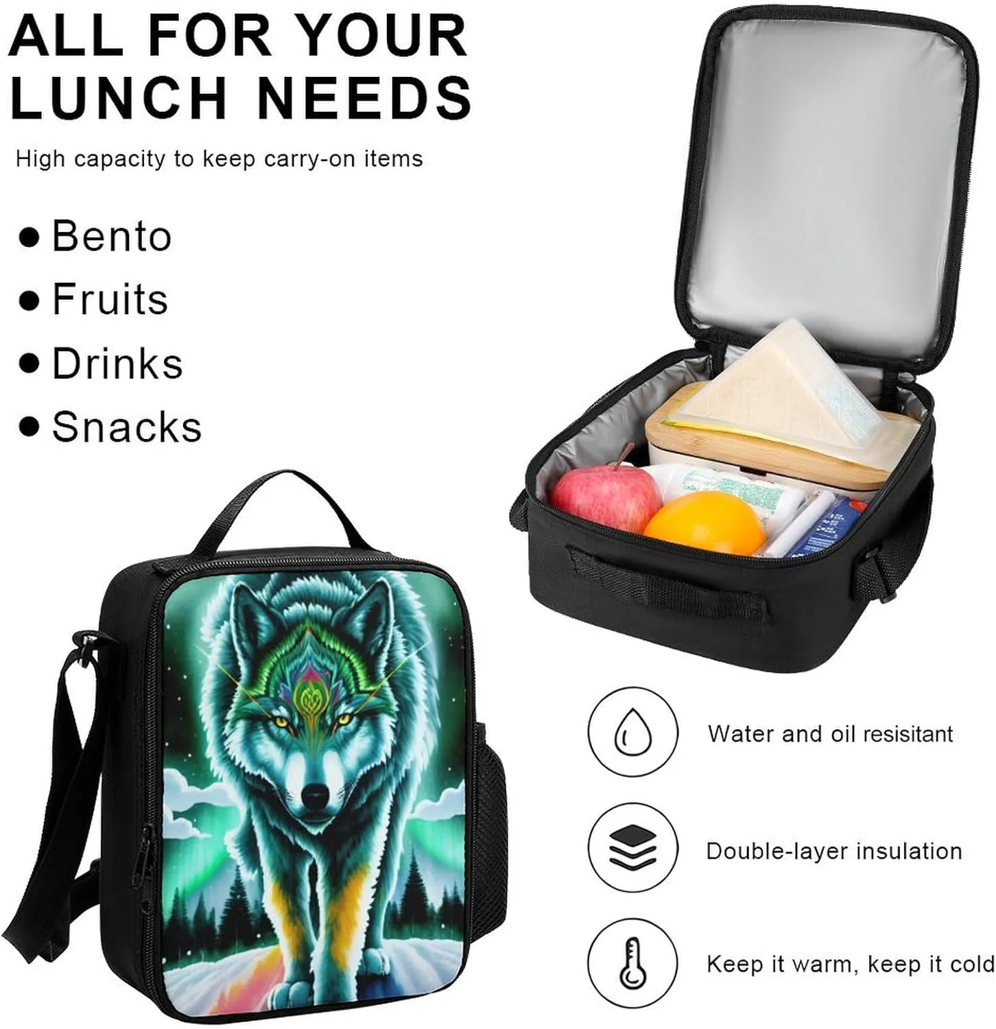 Supdreamc Backpack Sets Daypack Large Capacity Bookbag Backpack   Lunch Bag   Pencil Case - Mountain And Northern Light Wolves Psychedelic Art, Travel Hiking Backpack
