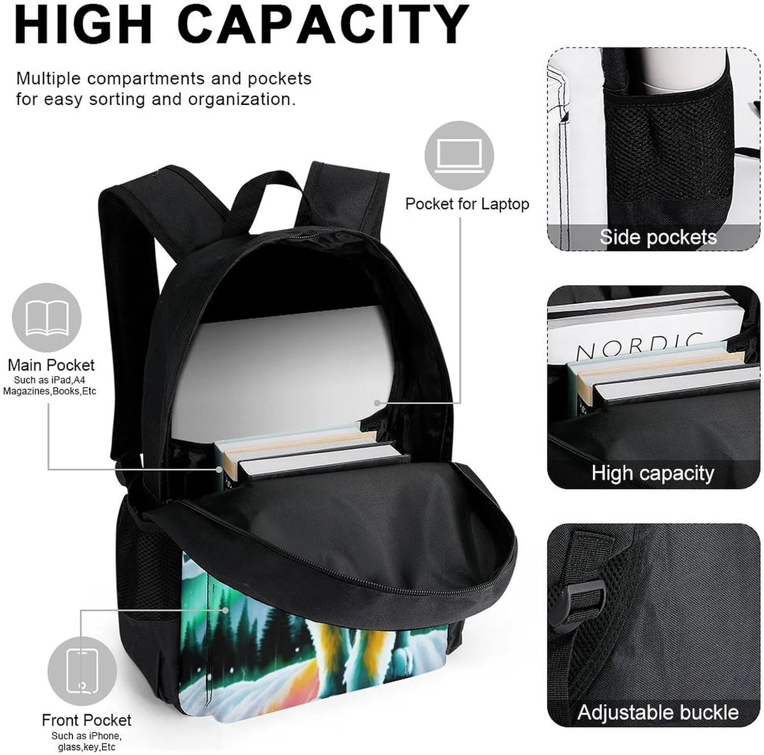 Supdreamc Backpack Sets Daypack Large Capacity Bookbag Backpack   Lunch Bag   Pencil Case - Mountain And Northern Light Wolves Psychedelic Art, Travel Hiking Backpack