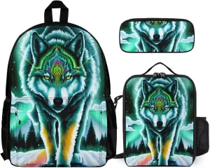 Supdreamc Backpack Sets Daypack Large Capacity Bookbag Backpack   Lunch Bag   Pencil Case - Mountain And Northern Light Wolves Psychedelic Art, Travel Hiking Backpack