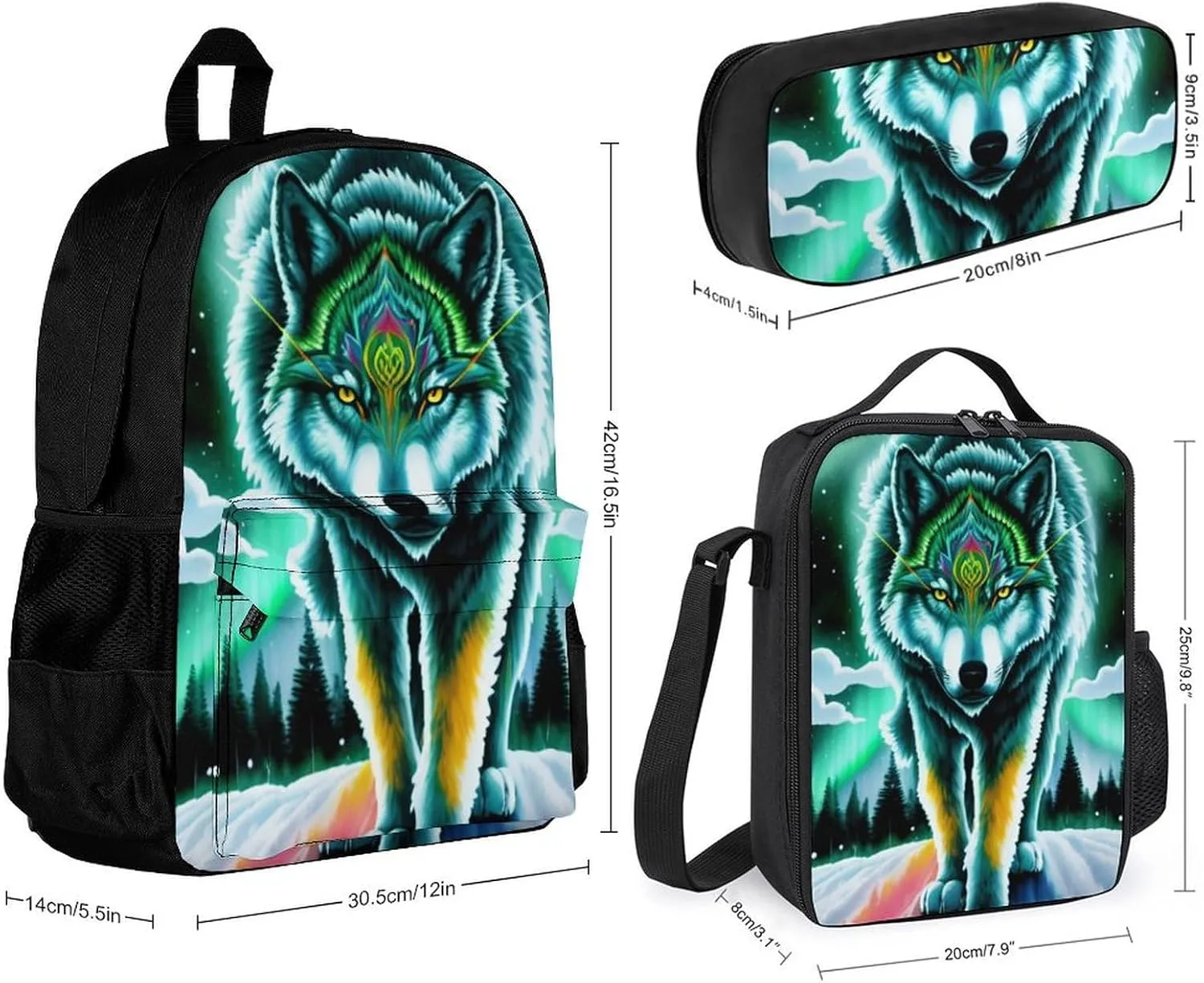 Supdreamc Backpack Sets Daypack Large Capacity Bookbag Backpack   Lunch Bag   Pencil Case - Mountain And Northern Light Wolves Psychedelic Art, Travel Hiking Backpack