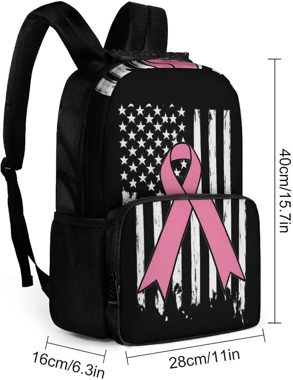 Supdreamc Breast Cancer Awareness Pink Ribbon American Flag Backpack Polyester Anti-Theft Multipurpose Bookbag Large Capacity Laptop Book Bag Rucksack With Side Pockets