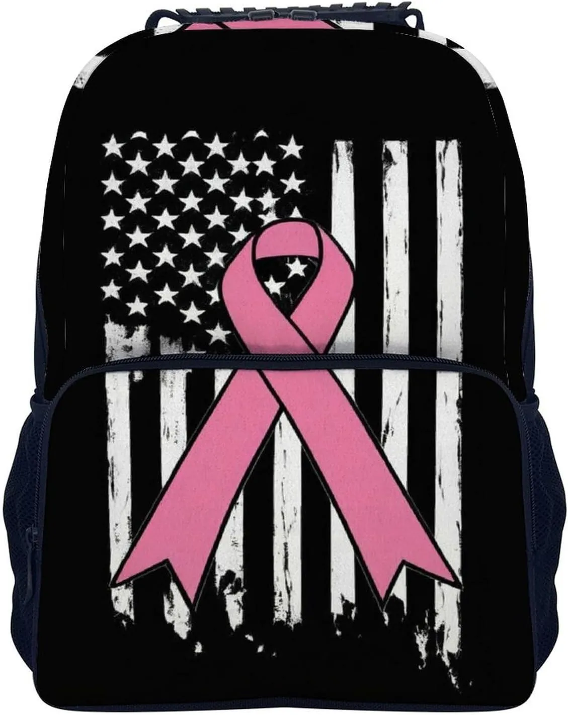 Supdreamc Breast Cancer Awareness Pink Ribbon American Flag Backpack Polyester Anti-Theft Multipurpose Bookbag Large Capacity Laptop Book Bag Rucksack With Side Pockets