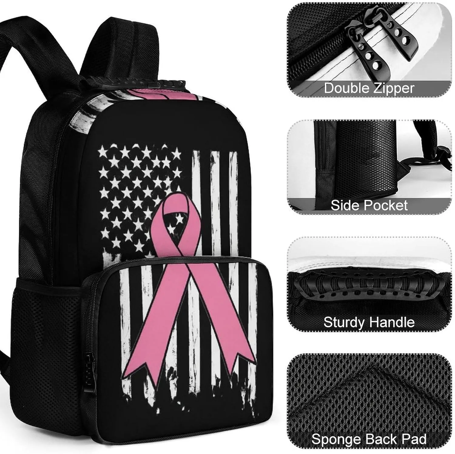 Supdreamc Breast Cancer Awareness Pink Ribbon American Flag Backpack Polyester Anti-Theft Multipurpose Bookbag Large Capacity Laptop Book Bag Rucksack With Side Pockets