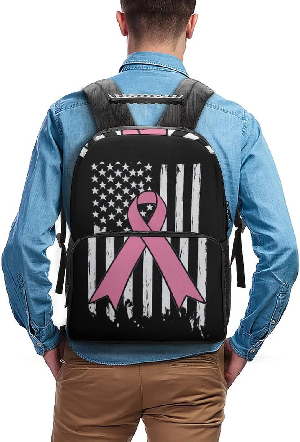 Supdreamc Breast Cancer Awareness Pink Ribbon American Flag Backpack Polyester Anti-Theft Multipurpose Bookbag Large Capacity Laptop Book Bag Rucksack With Side Pockets
