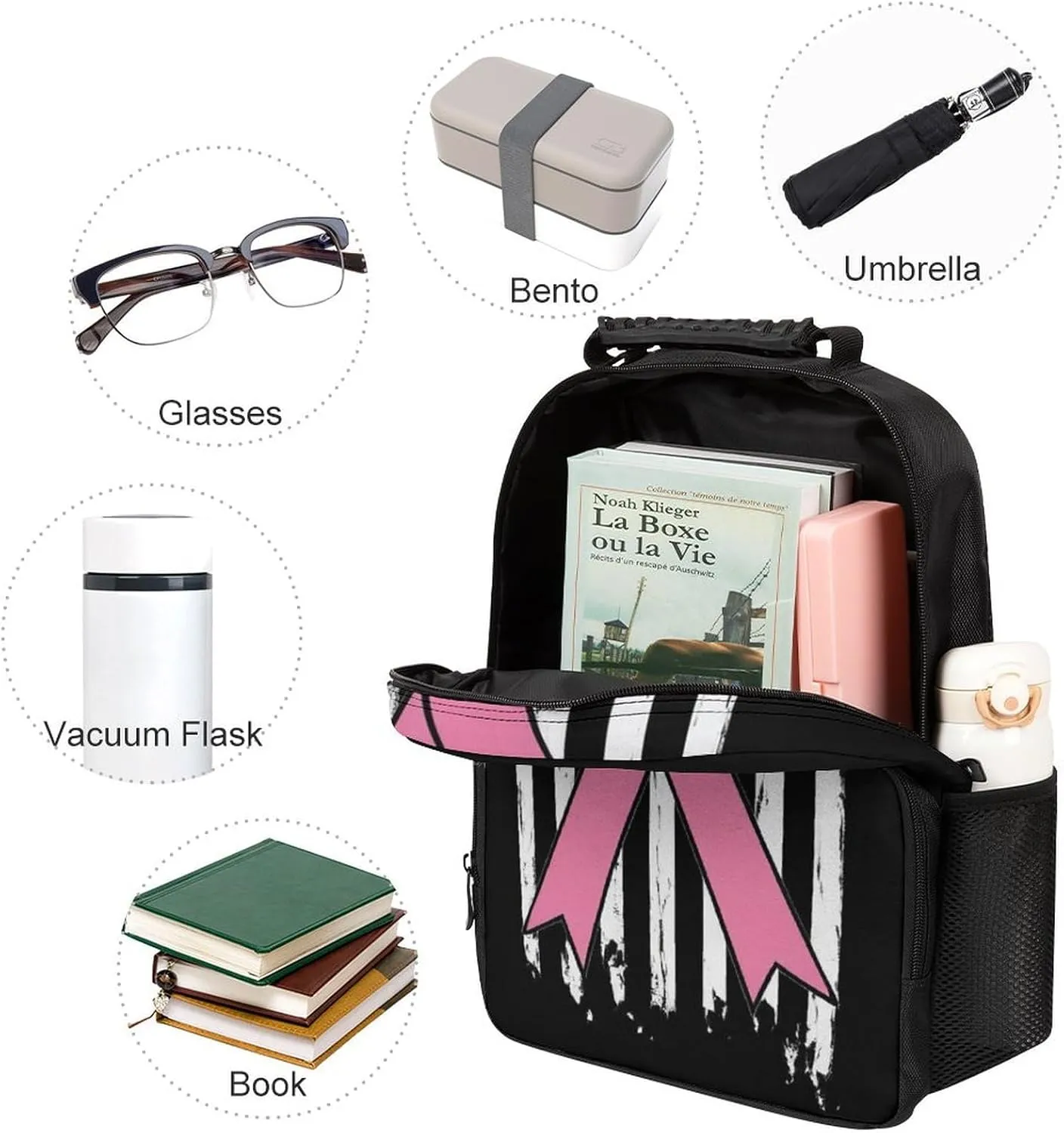 Supdreamc Breast Cancer Awareness Pink Ribbon American Flag Backpack Polyester Anti-Theft Multipurpose Bookbag Large Capacity Laptop Book Bag Rucksack With Side Pockets
