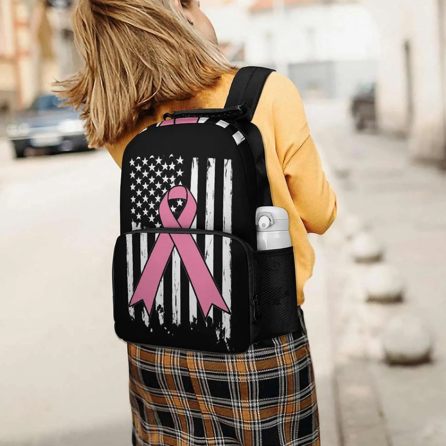 Supdreamc Breast Cancer Awareness Pink Ribbon American Flag Backpack Polyester Anti-Theft Multipurpose Bookbag Large Capacity Laptop Book Bag Rucksack With Side Pockets