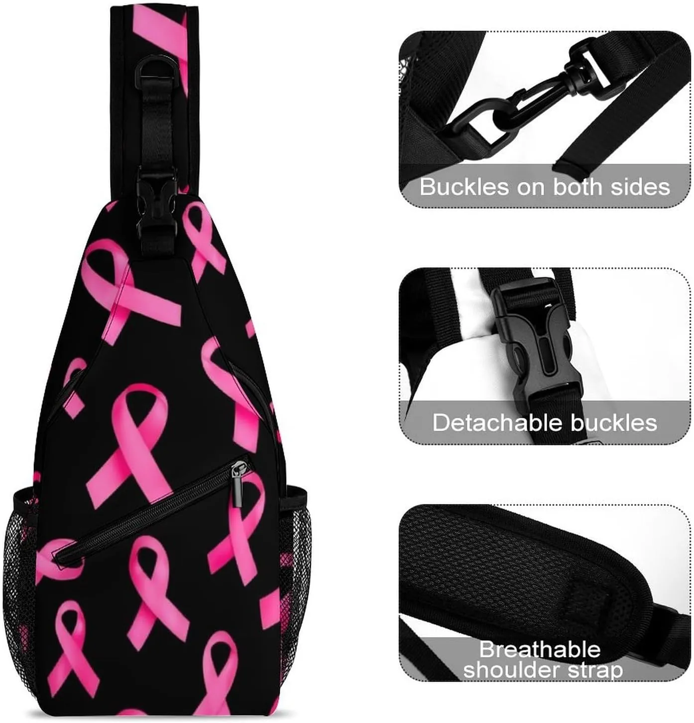 Supdreamc Casual Sling Bag Backpack, Daypack, Breast Cancer Awareness Ribbons Black Shoulder Chest Crossbody Bag, Bookbag, Travel Backpack Camping Outdoor Bag for Man/Women/College