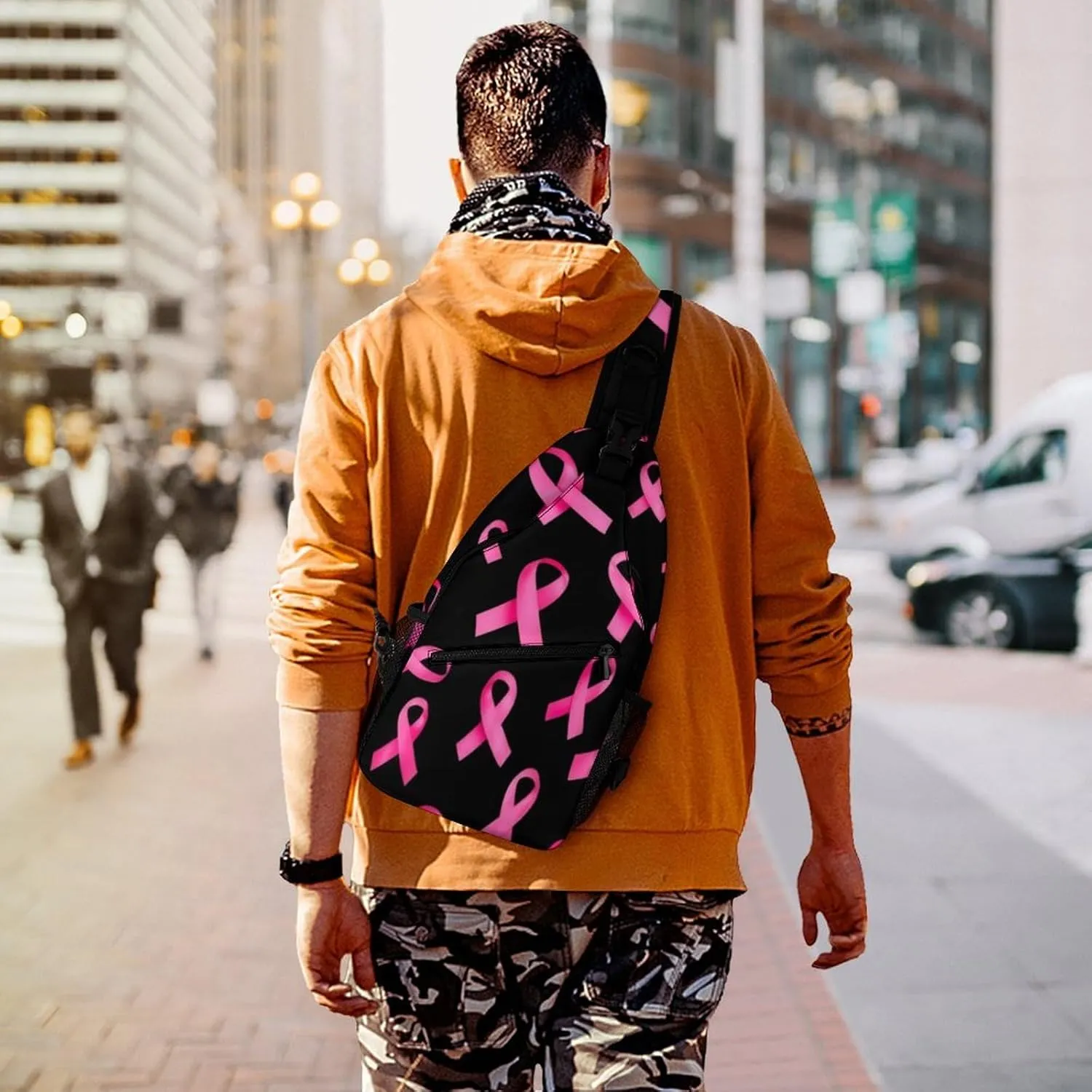 Supdreamc Casual Sling Bag Backpack, Daypack, Breast Cancer Awareness Ribbons Black Shoulder Chest Crossbody Bag, Bookbag, Travel Backpack Camping Outdoor Bag for Man/Women/College