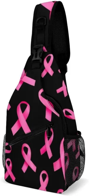 Supdreamc Casual Sling Bag Backpack, Daypack, Breast Cancer Awareness Ribbons Black Shoulder Chest Crossbody Bag, Bookbag, Travel Backpack Camping Outdoor Bag for Man/Women/College