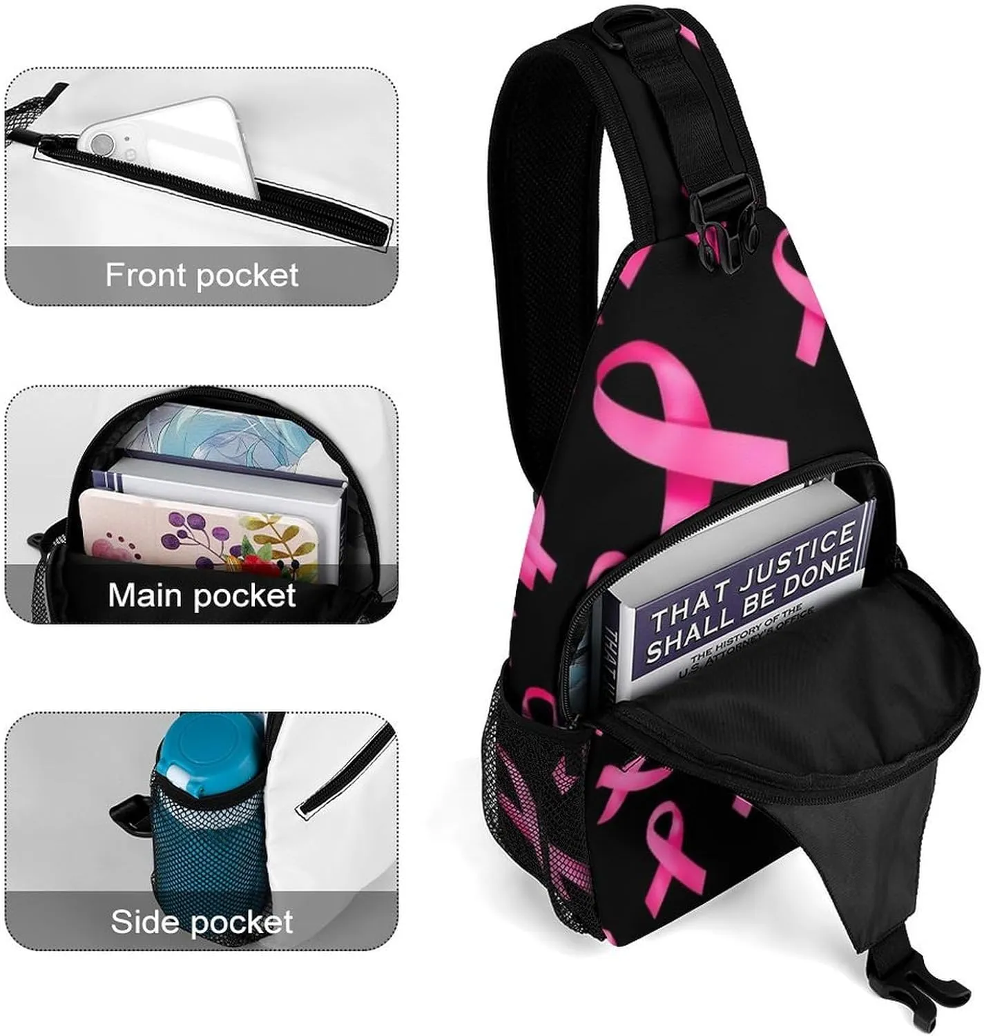 Supdreamc Casual Sling Bag Backpack, Daypack, Breast Cancer Awareness Ribbons Black Shoulder Chest Crossbody Bag, Bookbag, Travel Backpack Camping Outdoor Bag for Man/Women/College