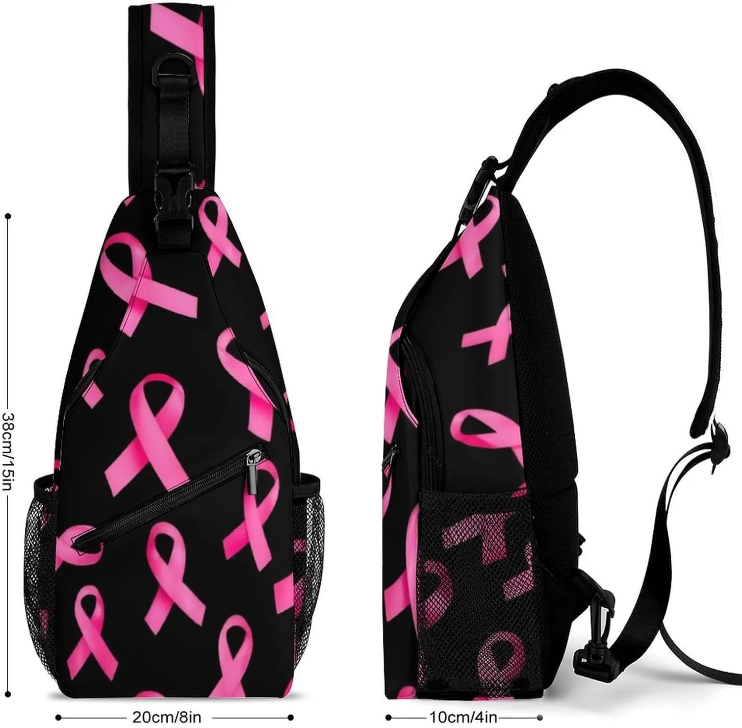 Supdreamc Casual Sling Bag Backpack, Daypack, Breast Cancer Awareness Ribbons Black Shoulder Chest Crossbody Bag, Bookbag, Travel Backpack Camping Outdoor Bag for Man/Women/College