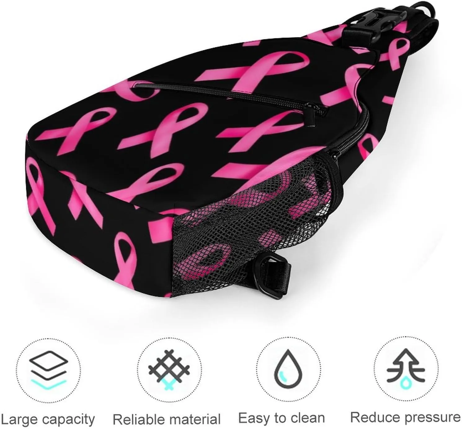 Supdreamc Casual Sling Bag Backpack, Daypack, Breast Cancer Awareness Ribbons Black Shoulder Chest Crossbody Bag, Bookbag, Travel Backpack Camping Outdoor Bag for Man/Women/College