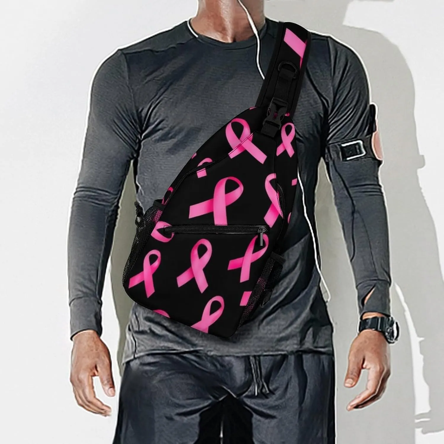 Supdreamc Casual Sling Bag Backpack, Daypack, Breast Cancer Awareness Ribbons Black Shoulder Chest Crossbody Bag, Bookbag, Travel Backpack Camping Outdoor Bag for Man/Women/College