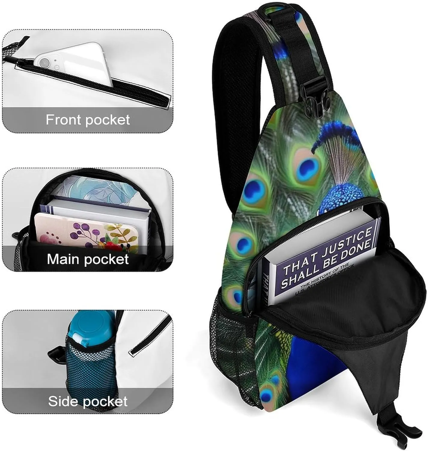 Supdreamc Cute Sling Bag Backpack, Backpacking, Peacock Feather Crossbody Rucksack, Camera Case, Gym Crossbody Sack Satchel Outdoor Hiking Bag for Men Women