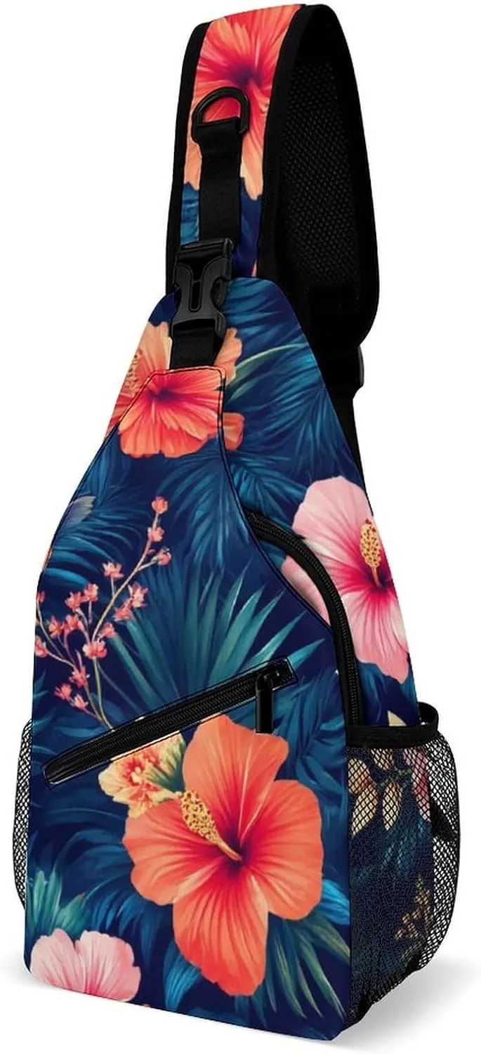 Supdreamc Cute Sling Bag Backpack, Backpacking, Tropical Hawaiian Colorful Hibiscus Flowers Crossbody Rucksack, Camera Case, Gym Crossbody Sack Satchel Outdoor Hiking Bag for Men Women