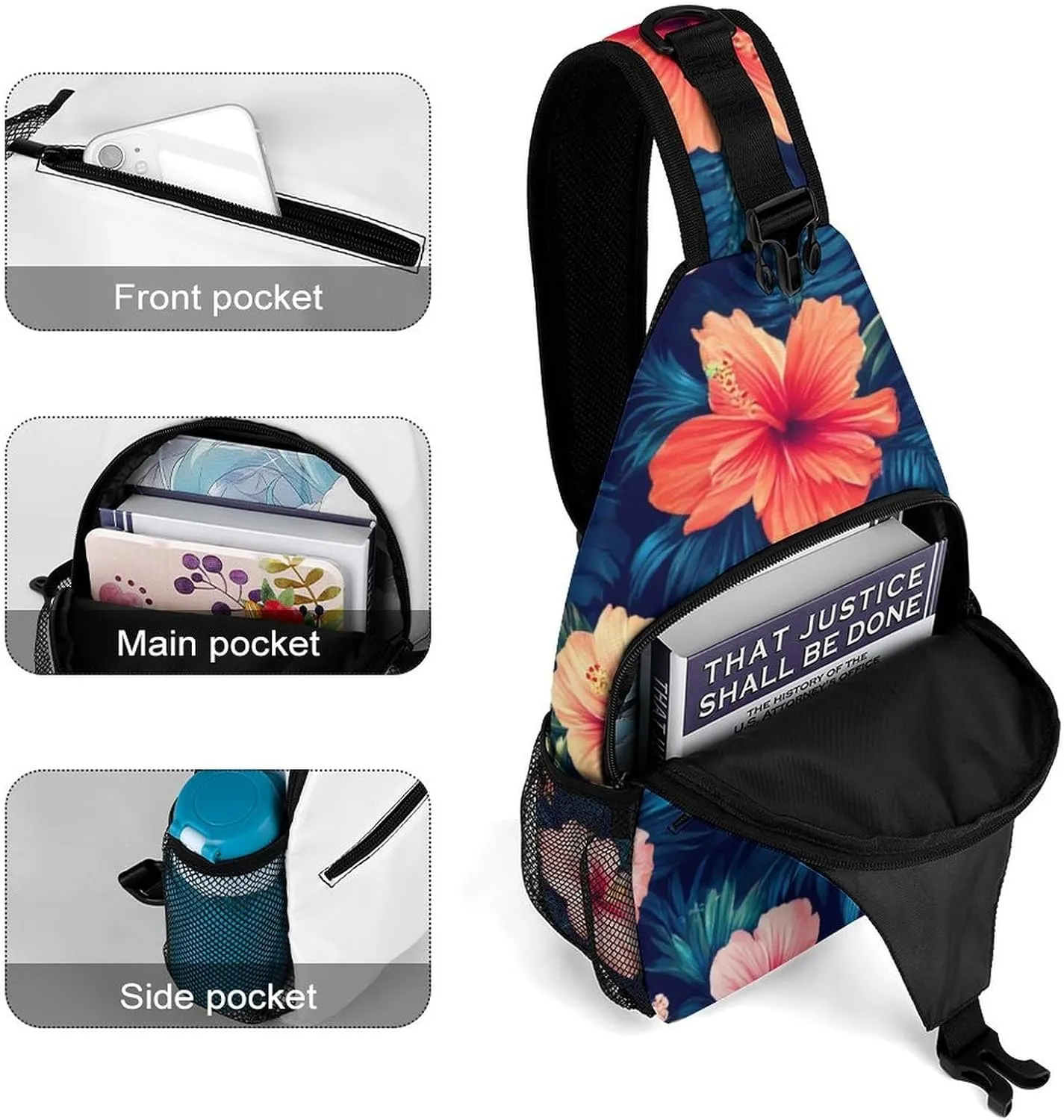 Supdreamc Cute Sling Bag Backpack, Backpacking, Tropical Hawaiian Colorful Hibiscus Flowers Crossbody Rucksack, Camera Case, Gym Crossbody Sack Satchel Outdoor Hiking Bag for Men Women