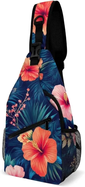 Supdreamc Cute Sling Bag Backpack, Backpacking, Tropical Hawaiian Colorful Hibiscus Flowers Crossbody Rucksack, Camera Case, Gym Crossbody Sack Satchel Outdoor Hiking Bag for Men Women