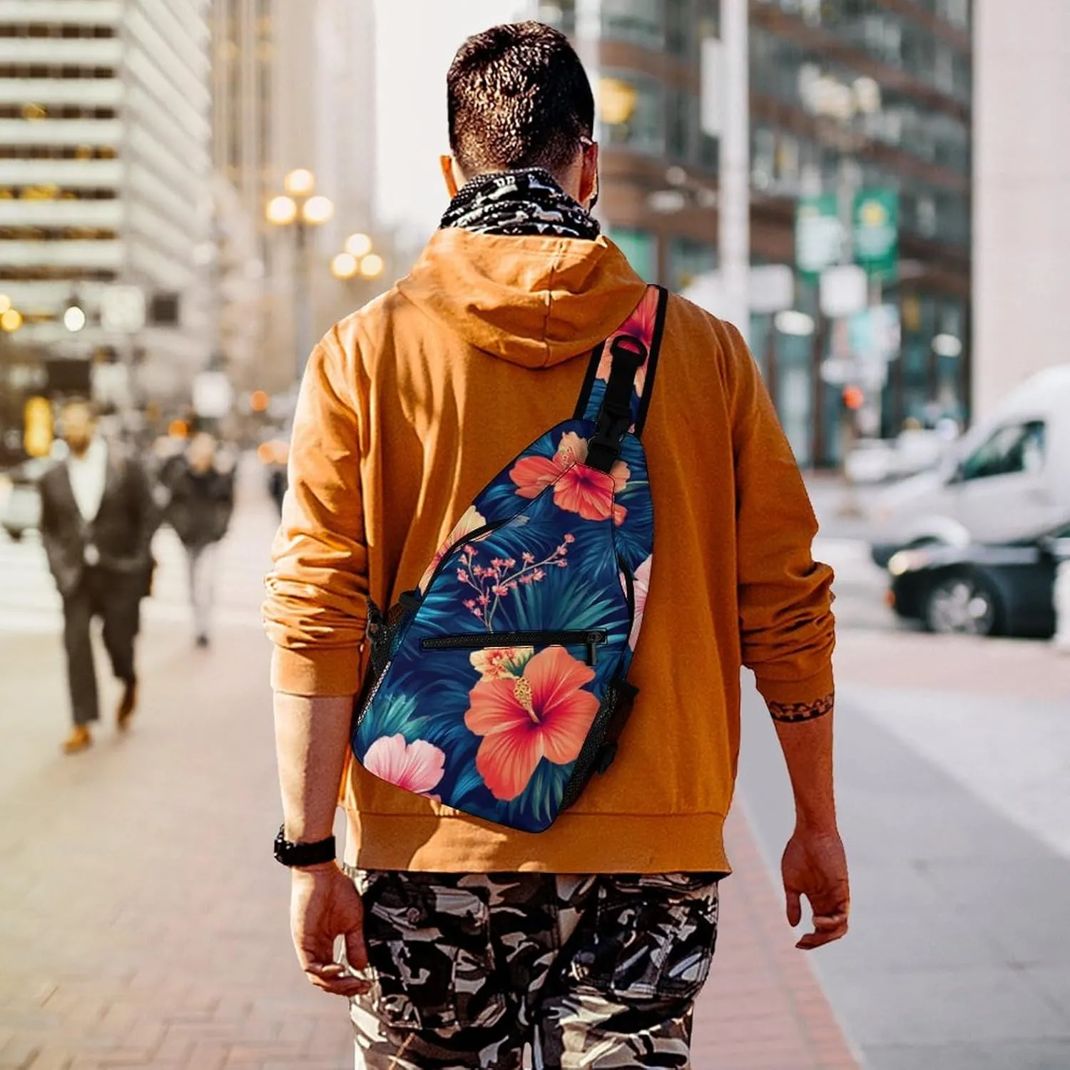 Supdreamc Cute Sling Bag Backpack, Backpacking, Tropical Hawaiian Colorful Hibiscus Flowers Crossbody Rucksack, Camera Case, Gym Crossbody Sack Satchel Outdoor Hiking Bag for Men Women
