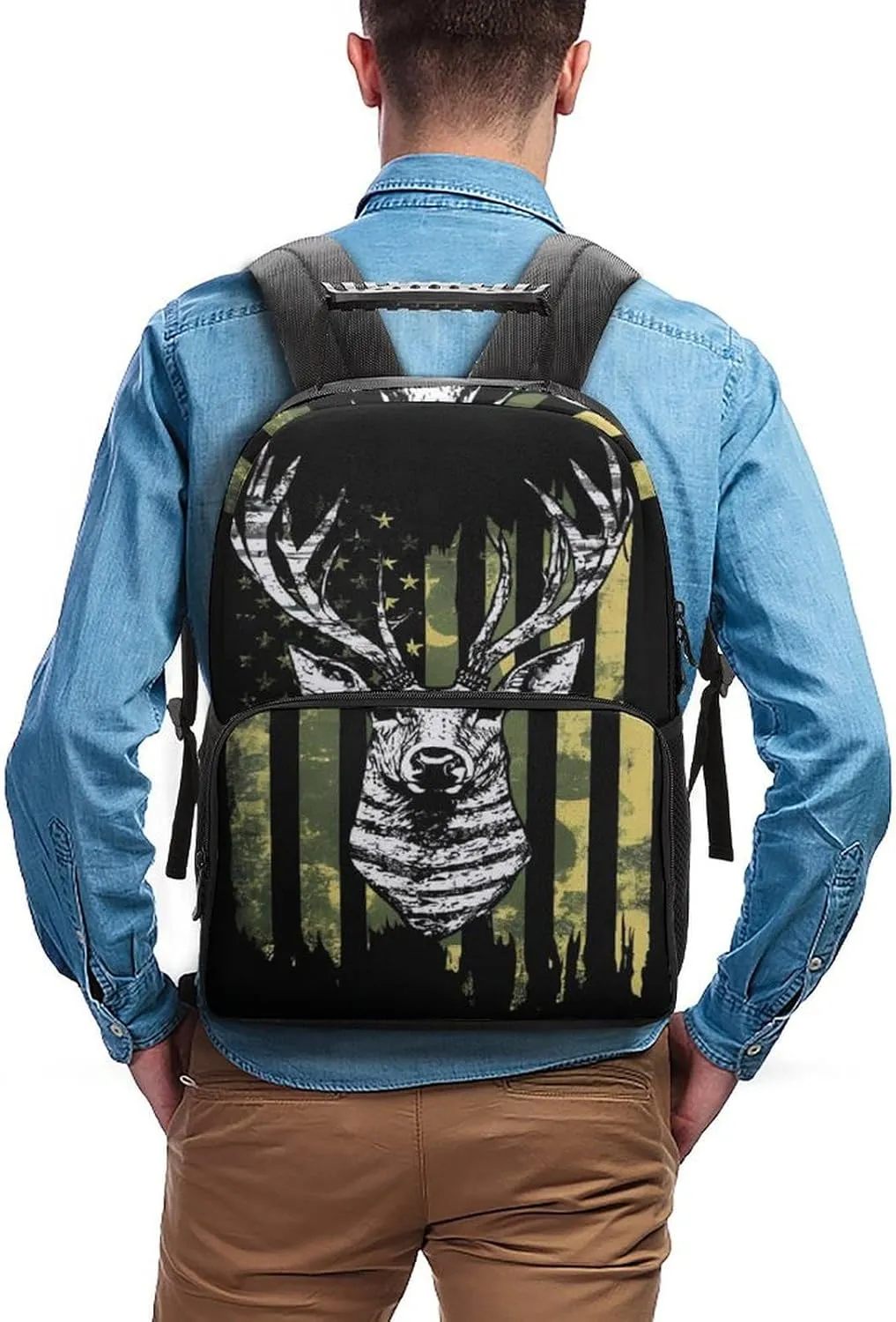 Supdreamc Daypack Backpack Anti-Theft Multipurpose Big Capacity Bookbag - Camouflage American Flag Hunting Camo Deer Black Business Computer Bag With Side Pockets