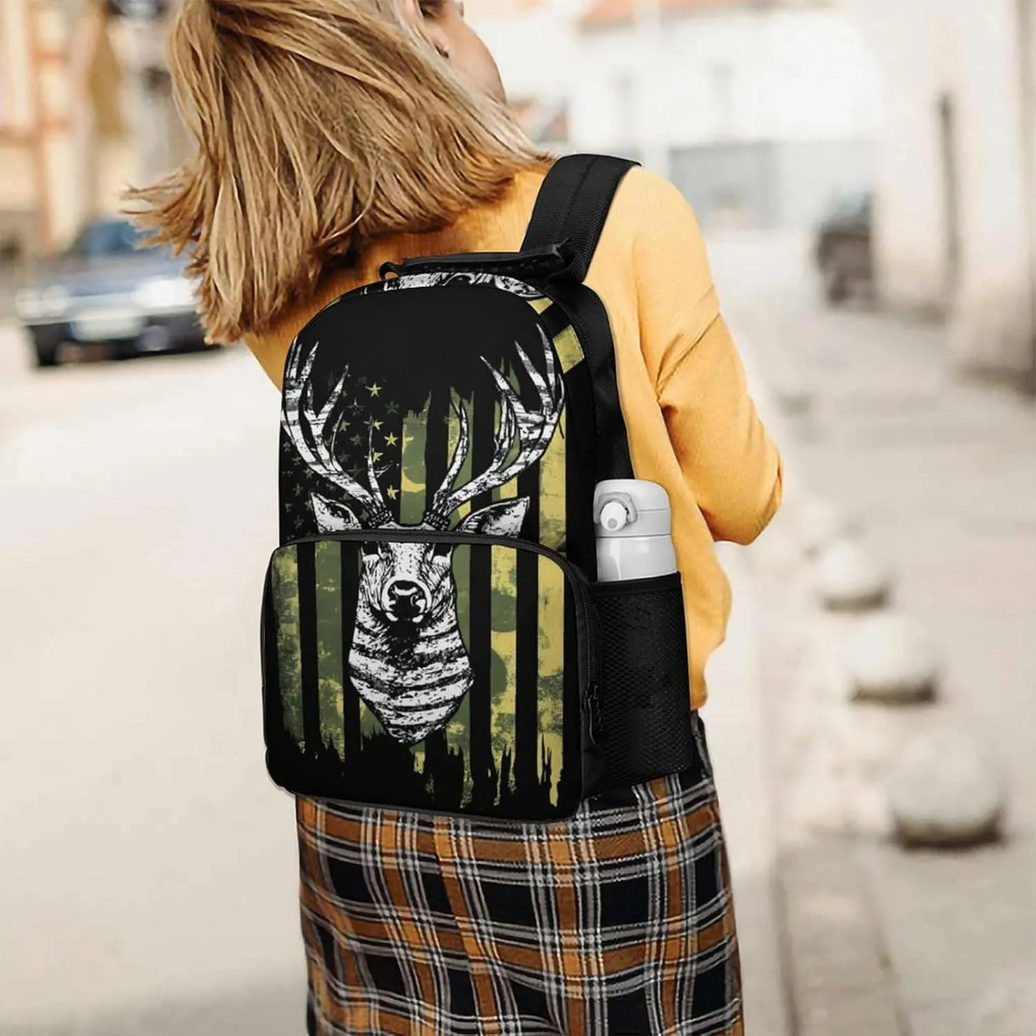 Supdreamc Daypack Backpack Anti-Theft Multipurpose Big Capacity Bookbag - Camouflage American Flag Hunting Camo Deer Black Business Computer Bag With Side Pockets