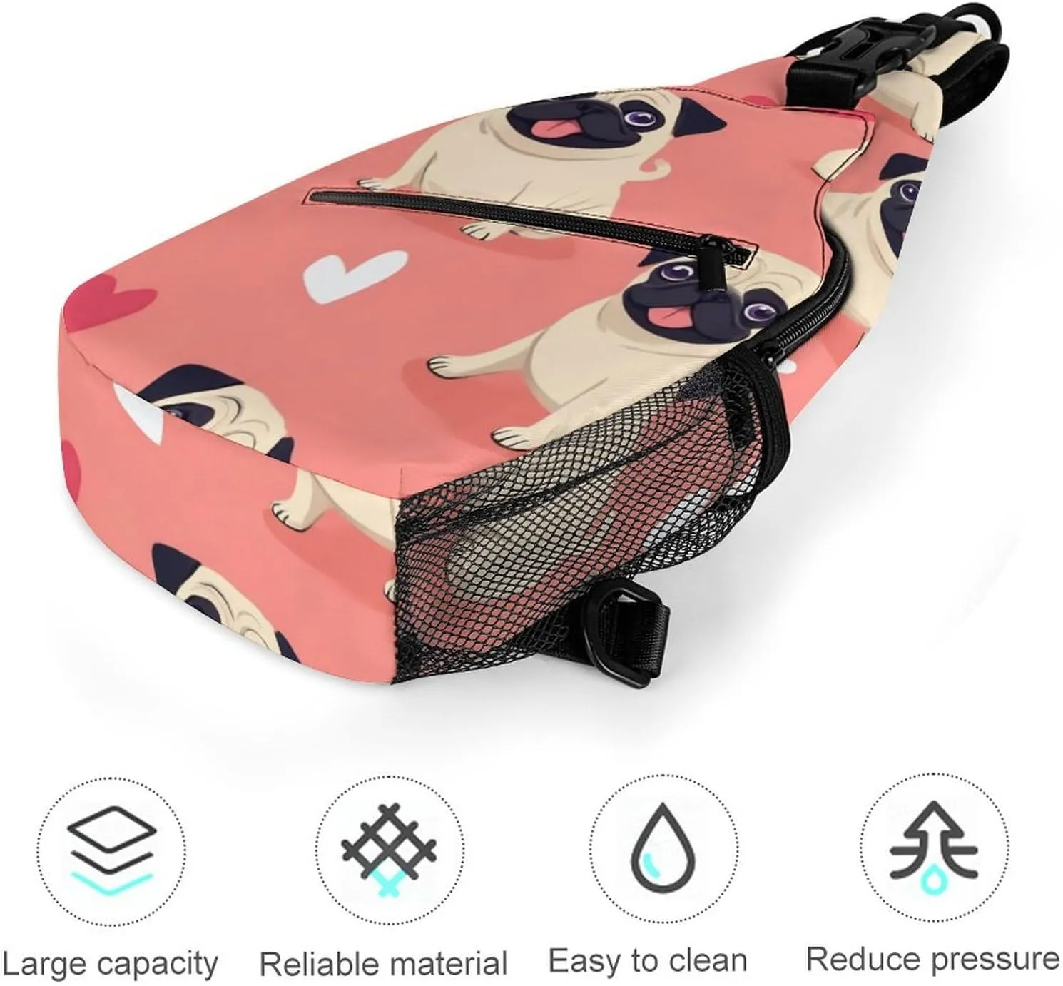 Supdreamc Fashion Sling Bag, Funny Cartoon Pugs Puppy Pink Chest Pack Crossbody Bags, Tool Backpack, Gym Bags Sack Daypack Outdoor Backpack for Man Women Lady