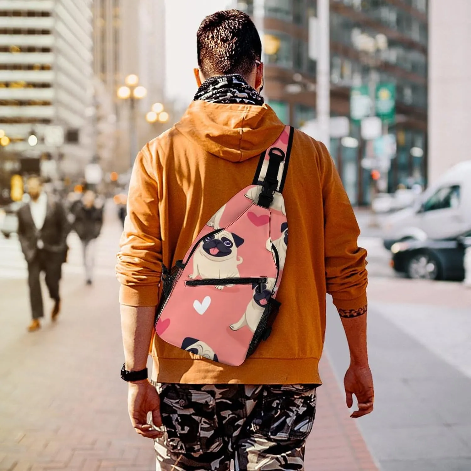 Supdreamc Fashion Sling Bag, Funny Cartoon Pugs Puppy Pink Chest Pack Crossbody Bags, Tool Backpack, Gym Bags Sack Daypack Outdoor Backpack for Man Women Lady