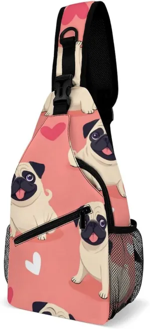 Supdreamc Fashion Sling Bag, Funny Cartoon Pugs Puppy Pink Chest Pack Crossbody Bags, Tool Backpack, Gym Bags Sack Daypack Outdoor Backpack for Man Women Lady