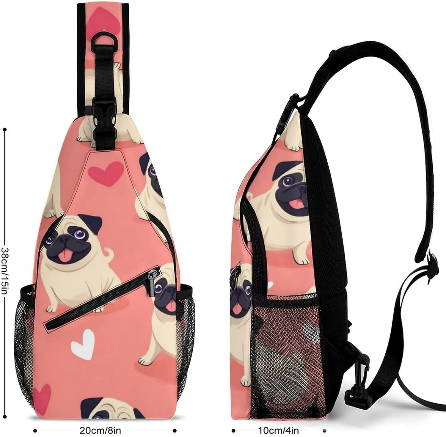 Supdreamc Fashion Sling Bag, Funny Cartoon Pugs Puppy Pink Chest Pack Crossbody Bags, Tool Backpack, Gym Bags Sack Daypack Outdoor Backpack for Man Women Lady