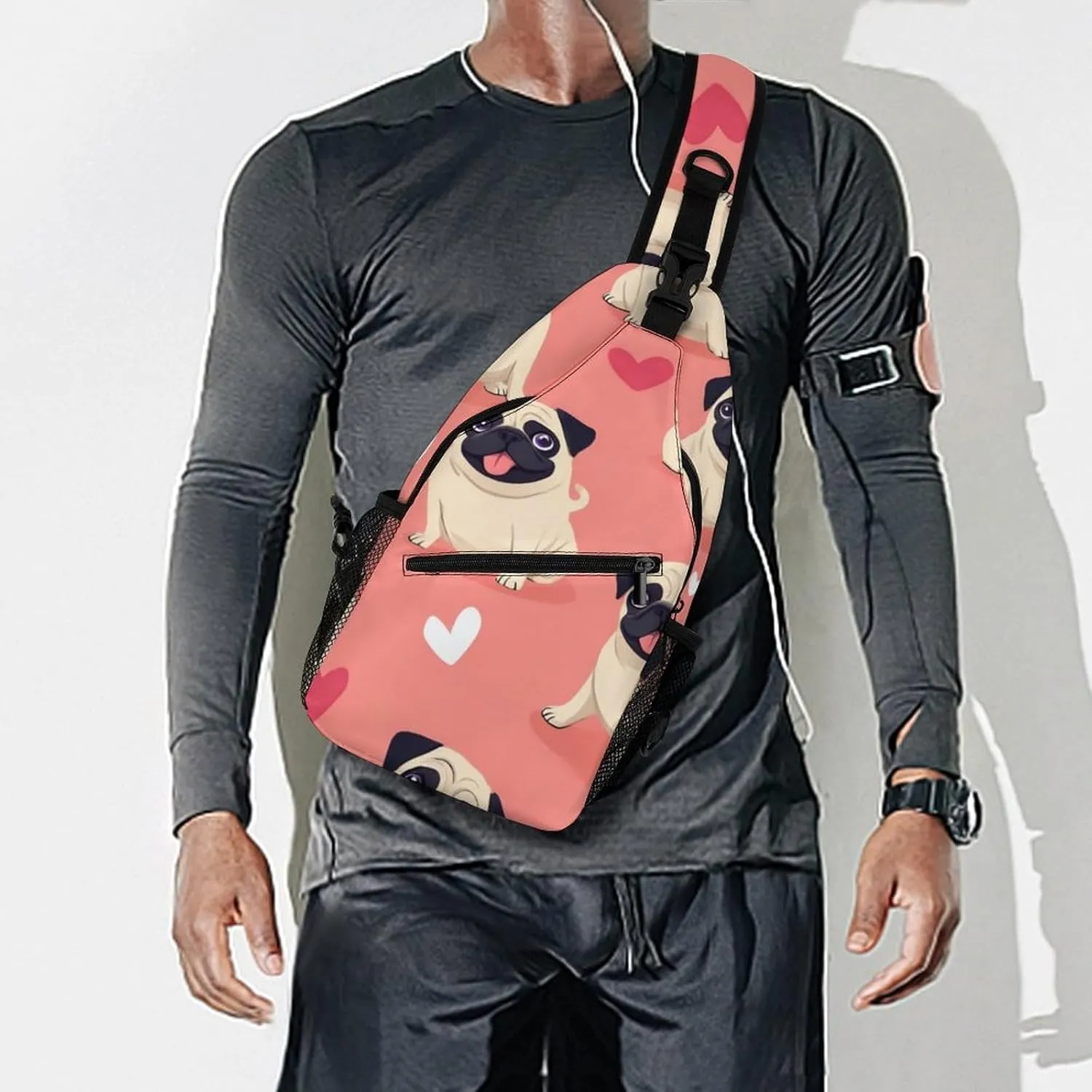 Supdreamc Fashion Sling Bag, Funny Cartoon Pugs Puppy Pink Chest Pack Crossbody Bags, Tool Backpack, Gym Bags Sack Daypack Outdoor Backpack for Man Women Lady
