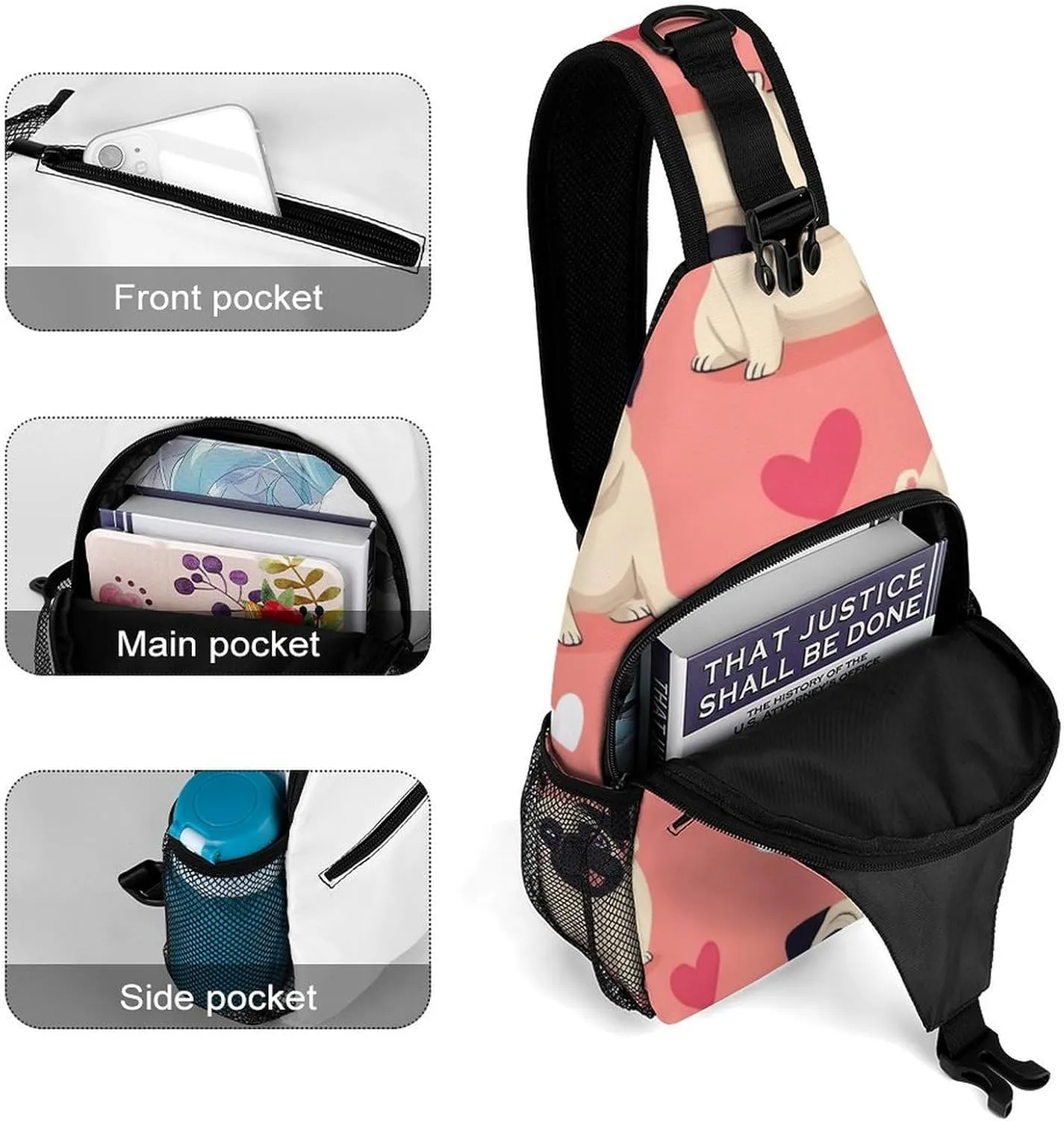 Supdreamc Fashion Sling Bag, Funny Cartoon Pugs Puppy Pink Chest Pack Crossbody Bags, Tool Backpack, Gym Bags Sack Daypack Outdoor Backpack for Man Women Lady