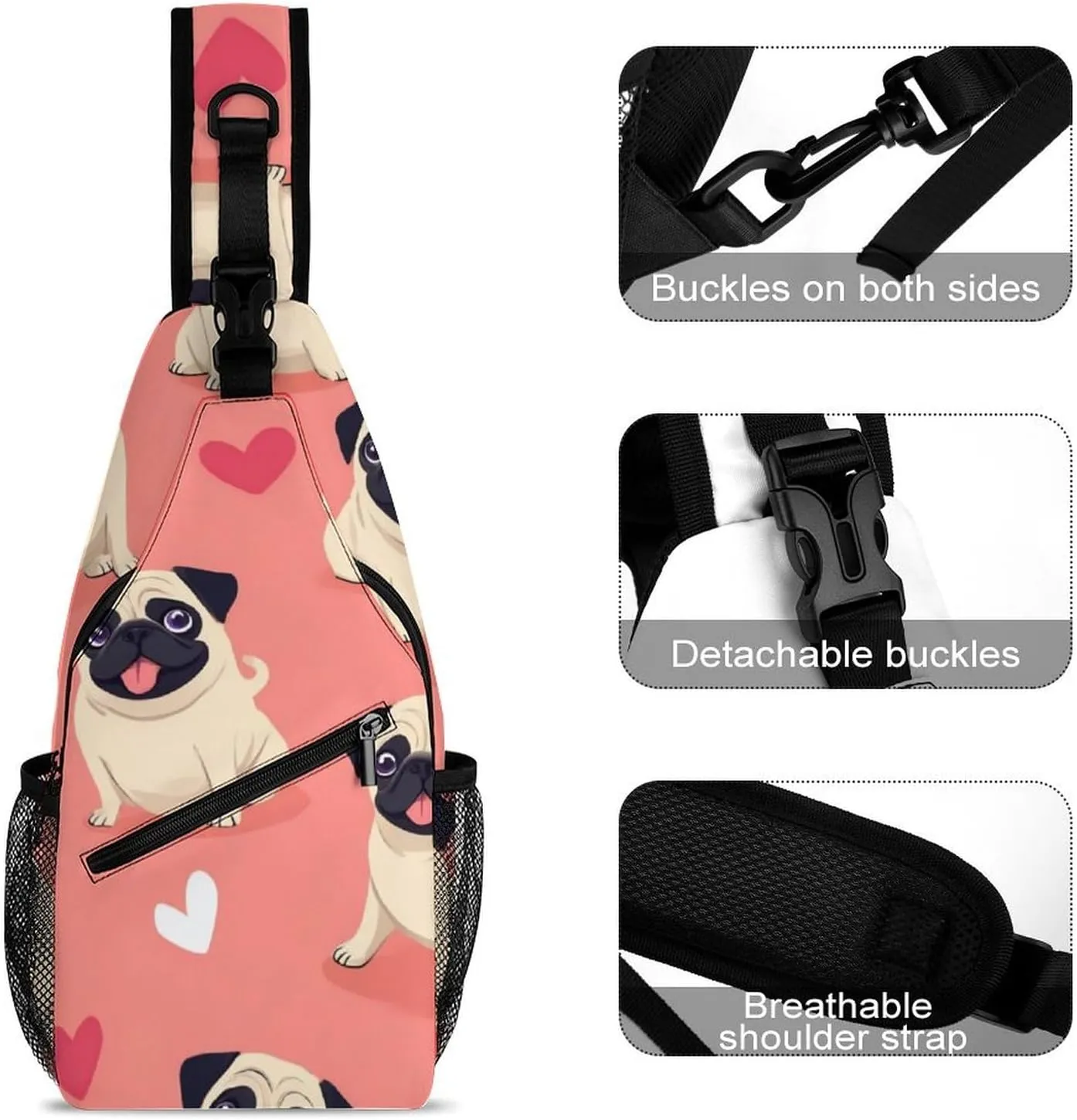 Supdreamc Fashion Sling Bag, Funny Cartoon Pugs Puppy Pink Chest Pack Crossbody Bags, Tool Backpack, Gym Bags Sack Daypack Outdoor Backpack for Man Women Lady