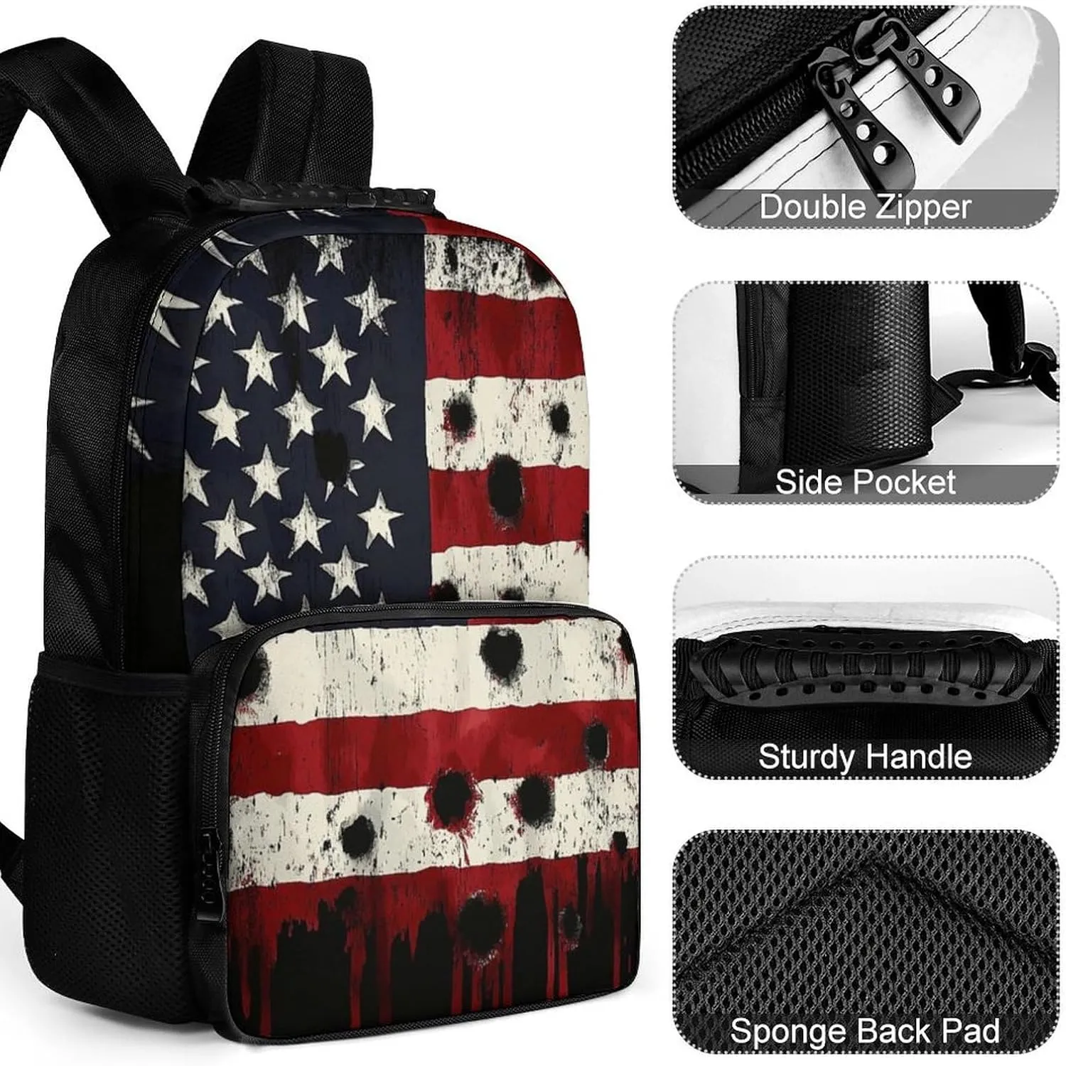 Supdreamc Lightweight Daypack for Camping Business Walking Cycling - Large Capacity Anti-Theft Multipurpose Bookbag, American Usa Flag War Bullet Hole Gym Outdoor Hiking Backpack