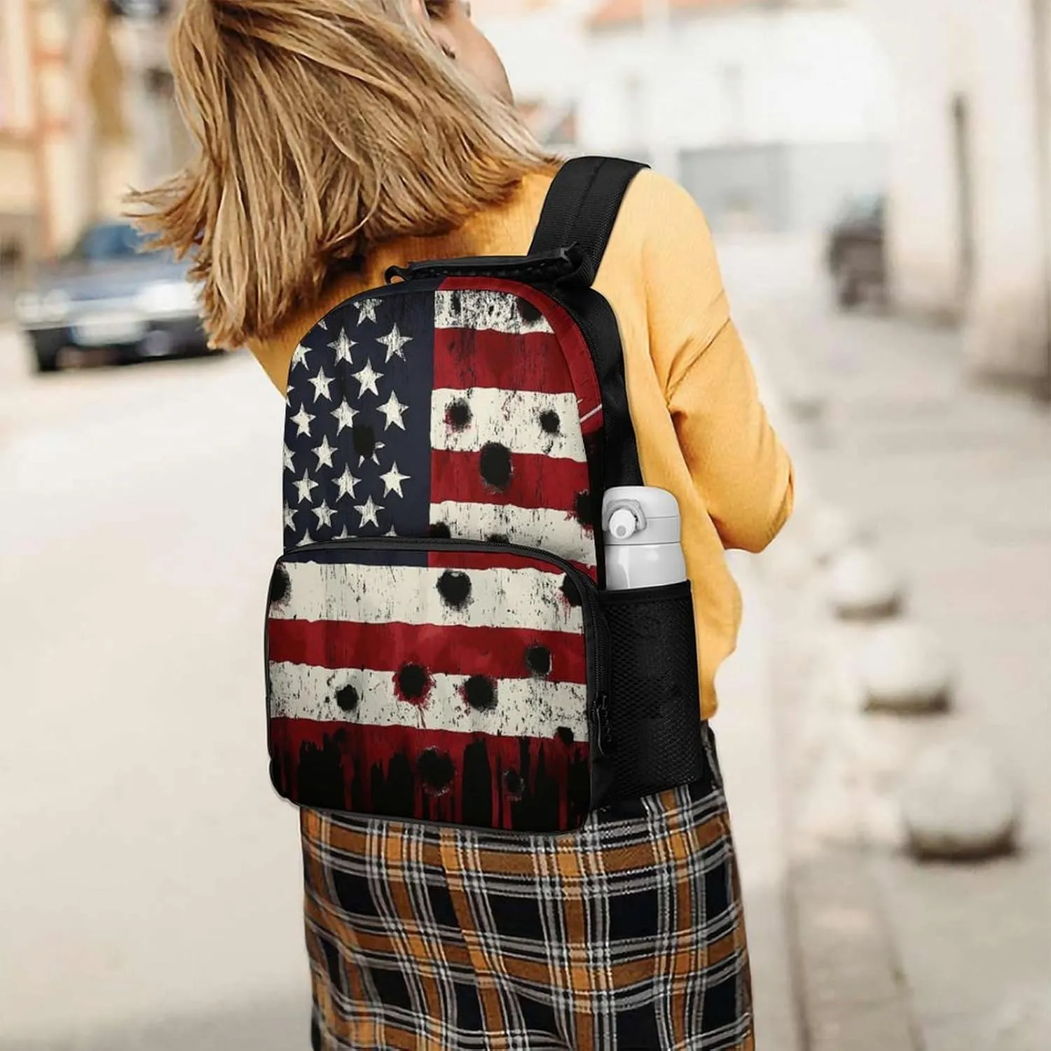 Supdreamc Lightweight Daypack for Camping Business Walking Cycling - Large Capacity Anti-Theft Multipurpose Bookbag, American Usa Flag War Bullet Hole Gym Outdoor Hiking Backpack