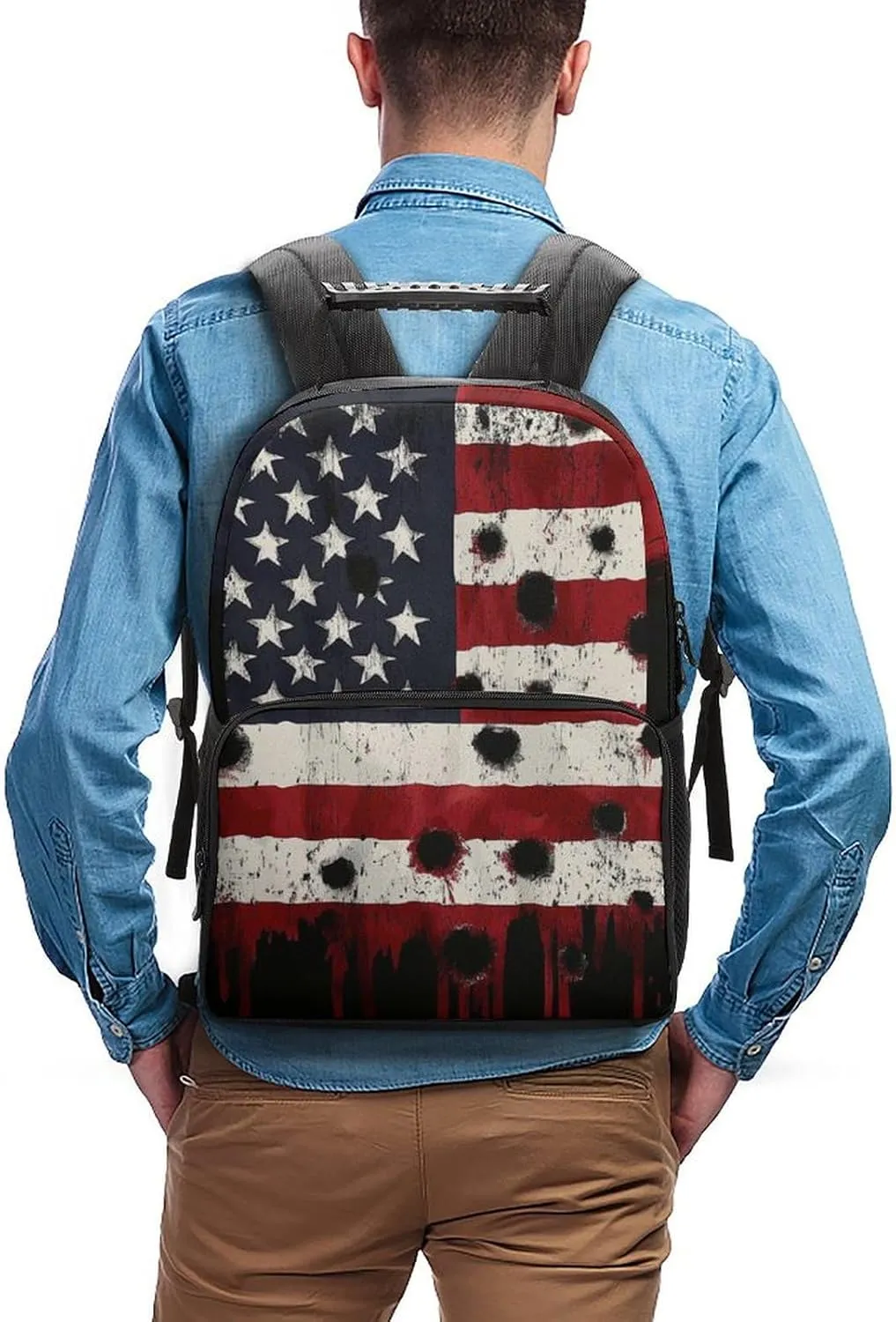 Supdreamc Lightweight Daypack for Camping Business Walking Cycling - Large Capacity Anti-Theft Multipurpose Bookbag, American Usa Flag War Bullet Hole Gym Outdoor Hiking Backpack